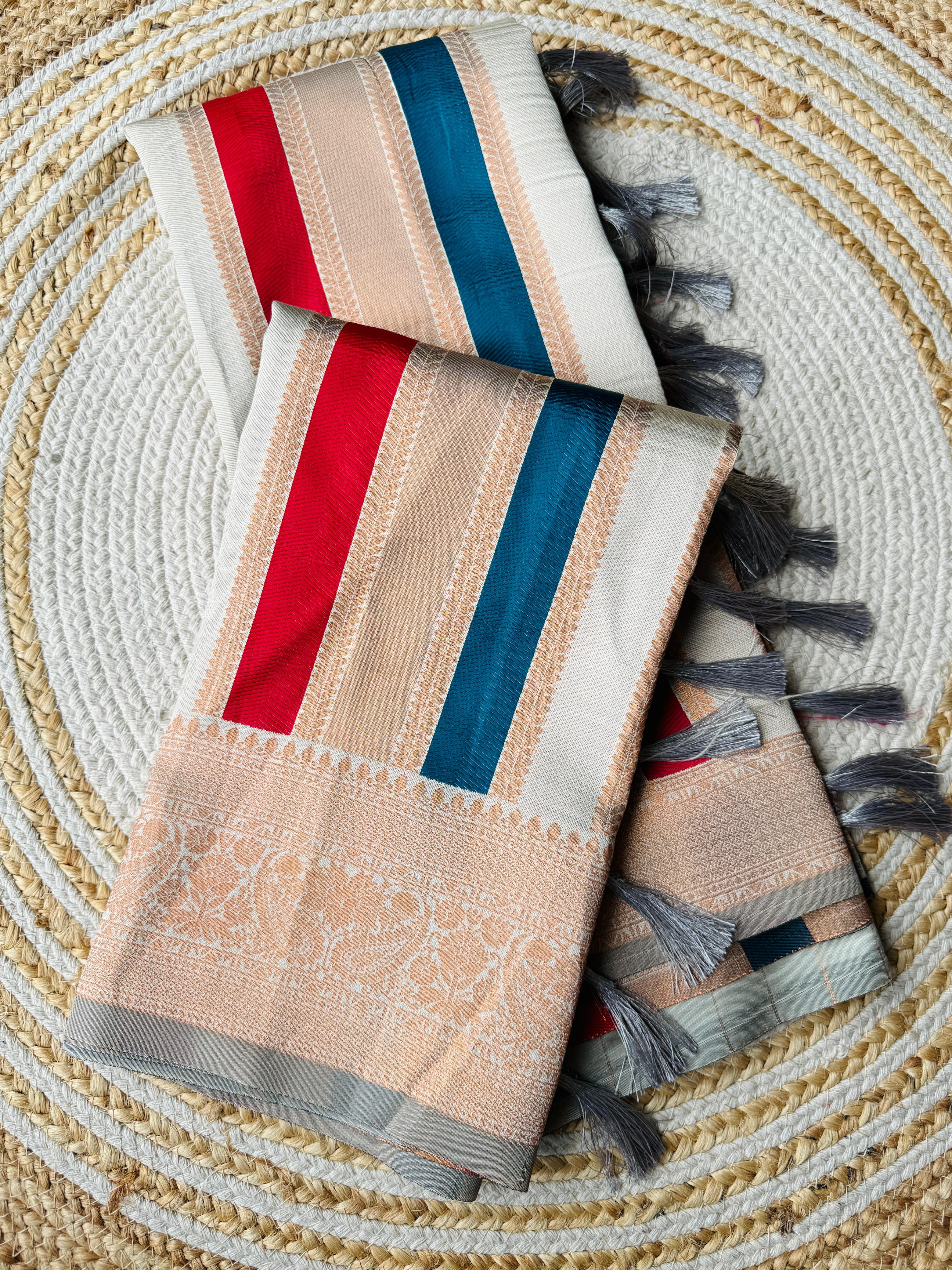 Cream Pure Soft Semi Kanjivaram Pattu Silk Saree