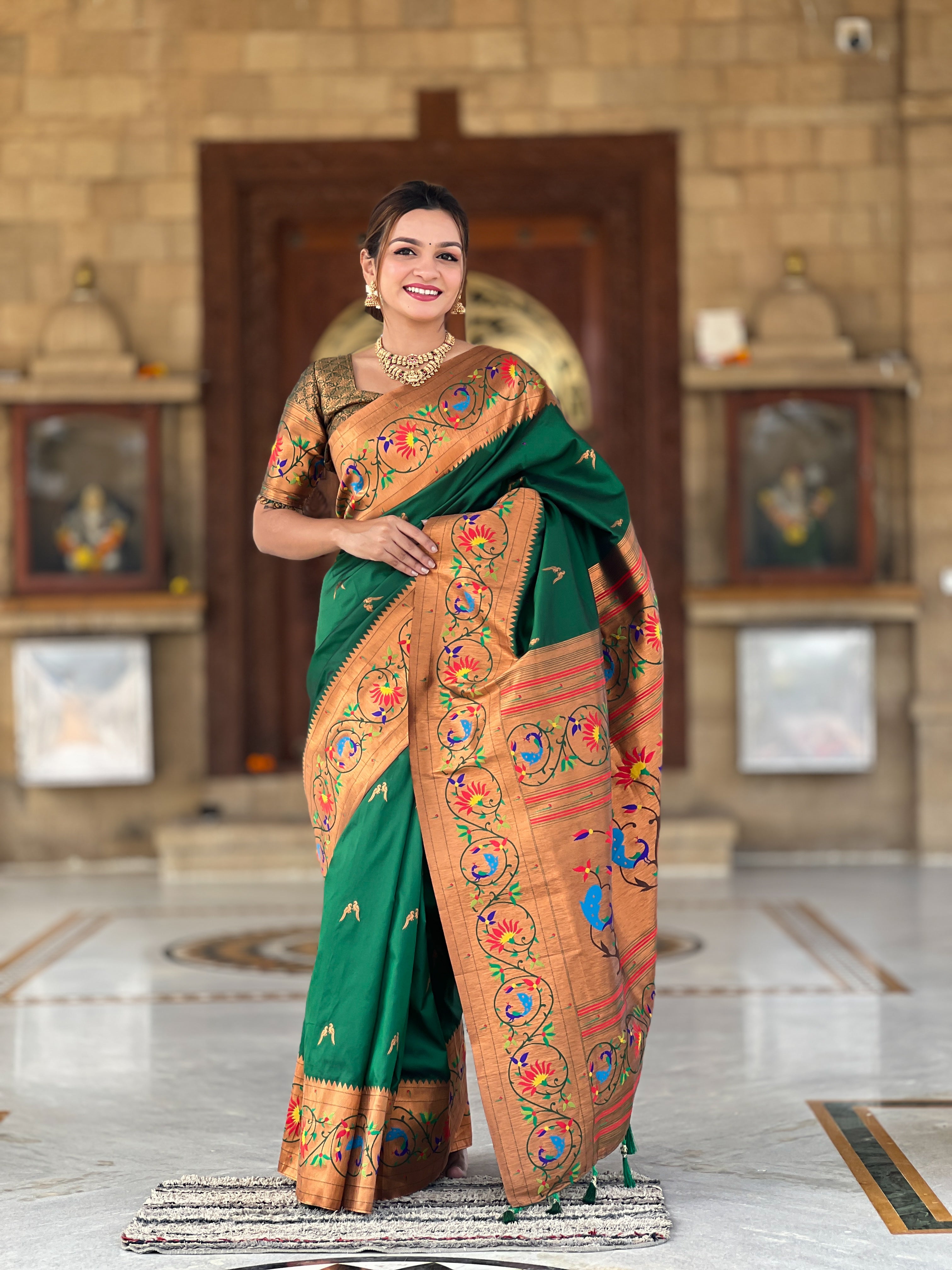 Dark Green Zari Embroidered Paithani Silk Saree