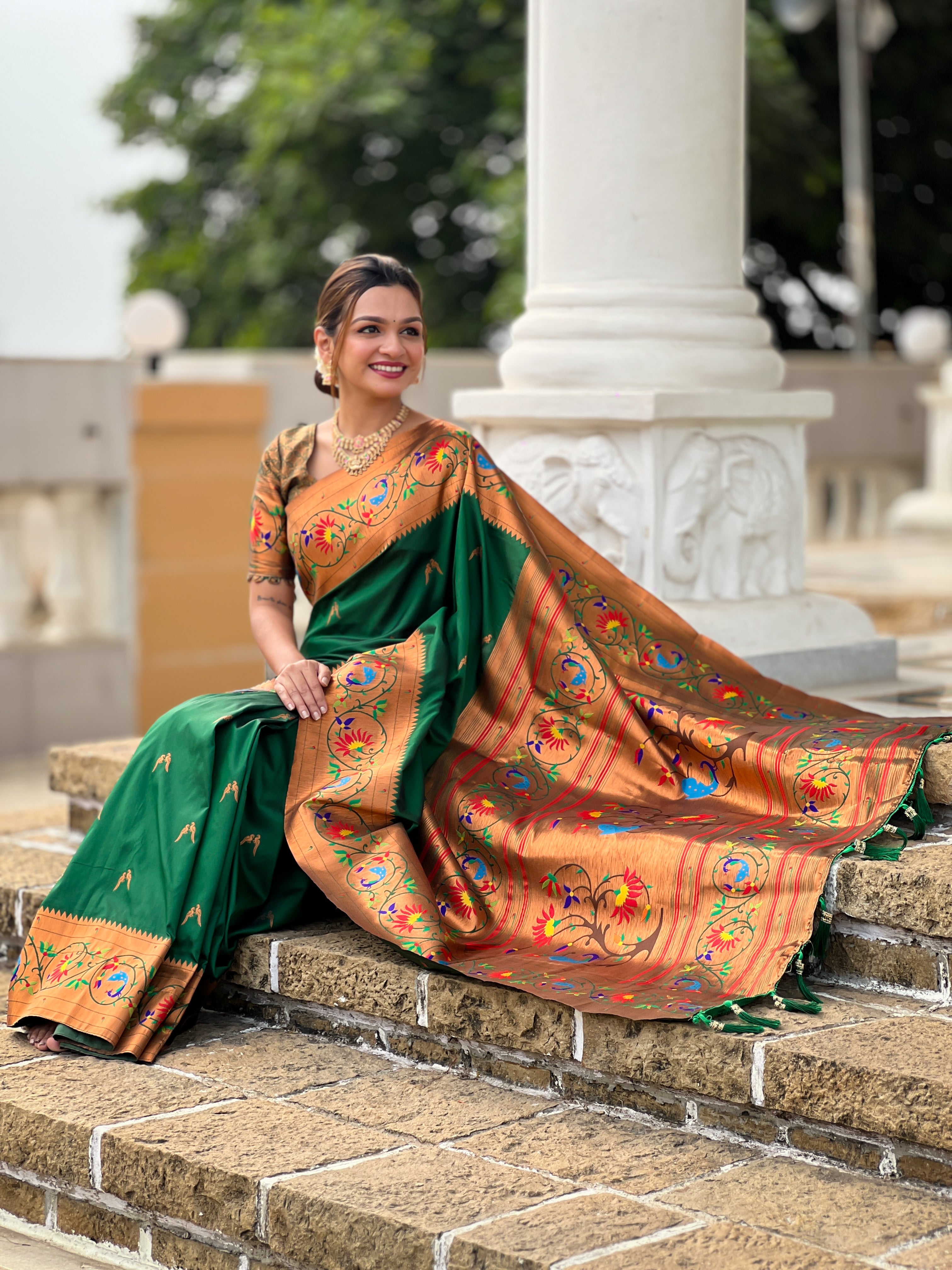 Dark Green Zari Embroidered Paithani Silk Saree