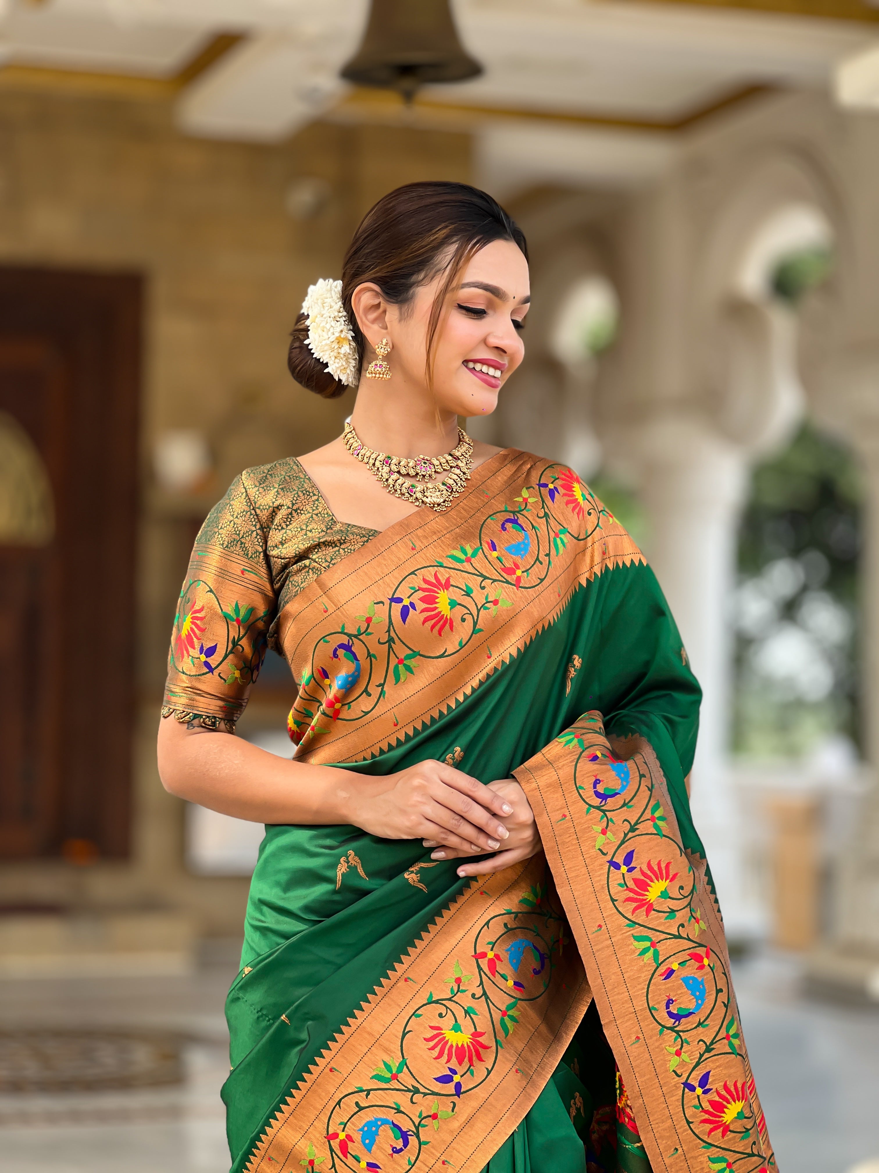Dark Green Zari Embroidered Paithani Silk Saree