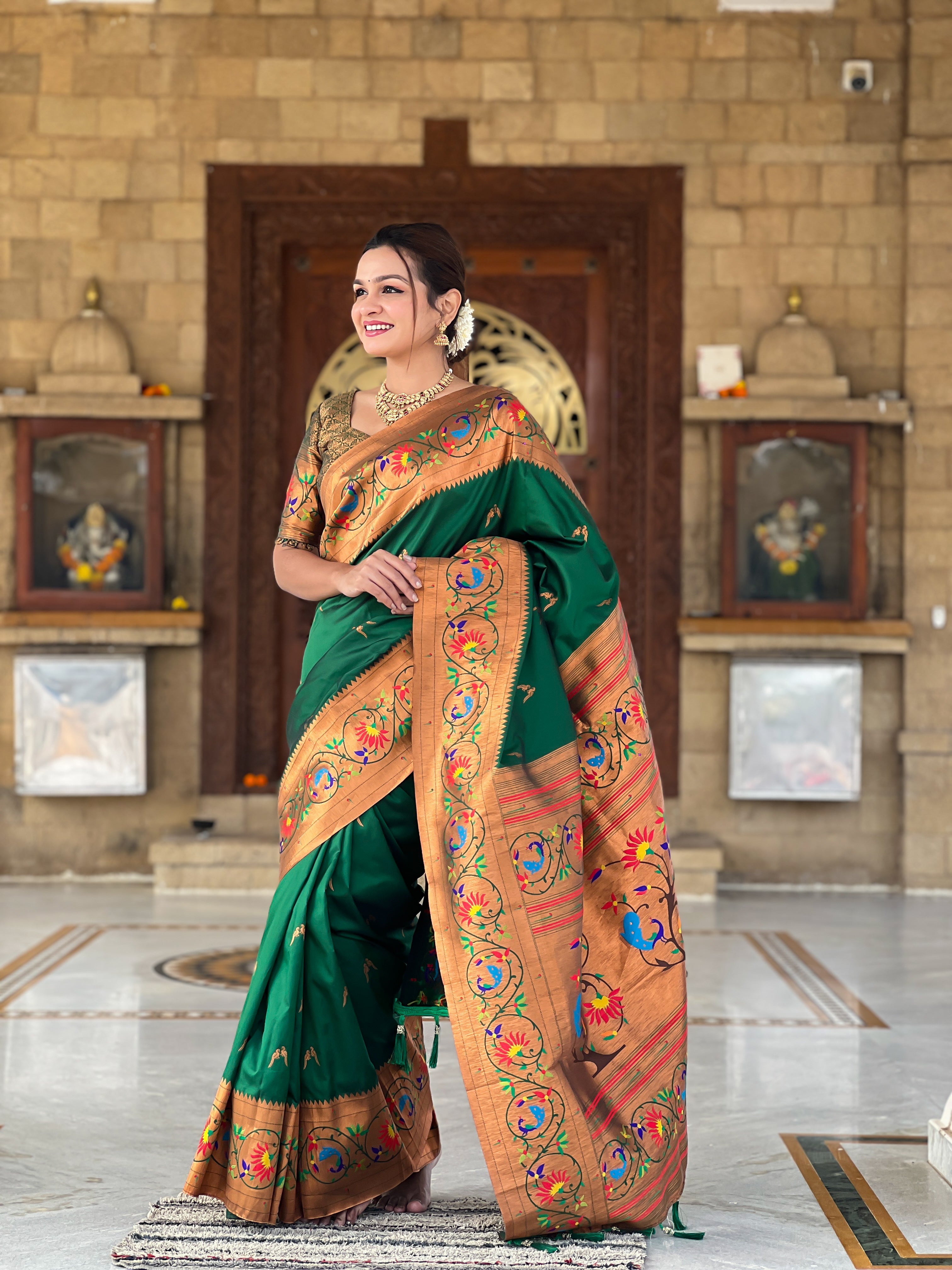 Dark Green Zari Embroidered Paithani Silk Saree