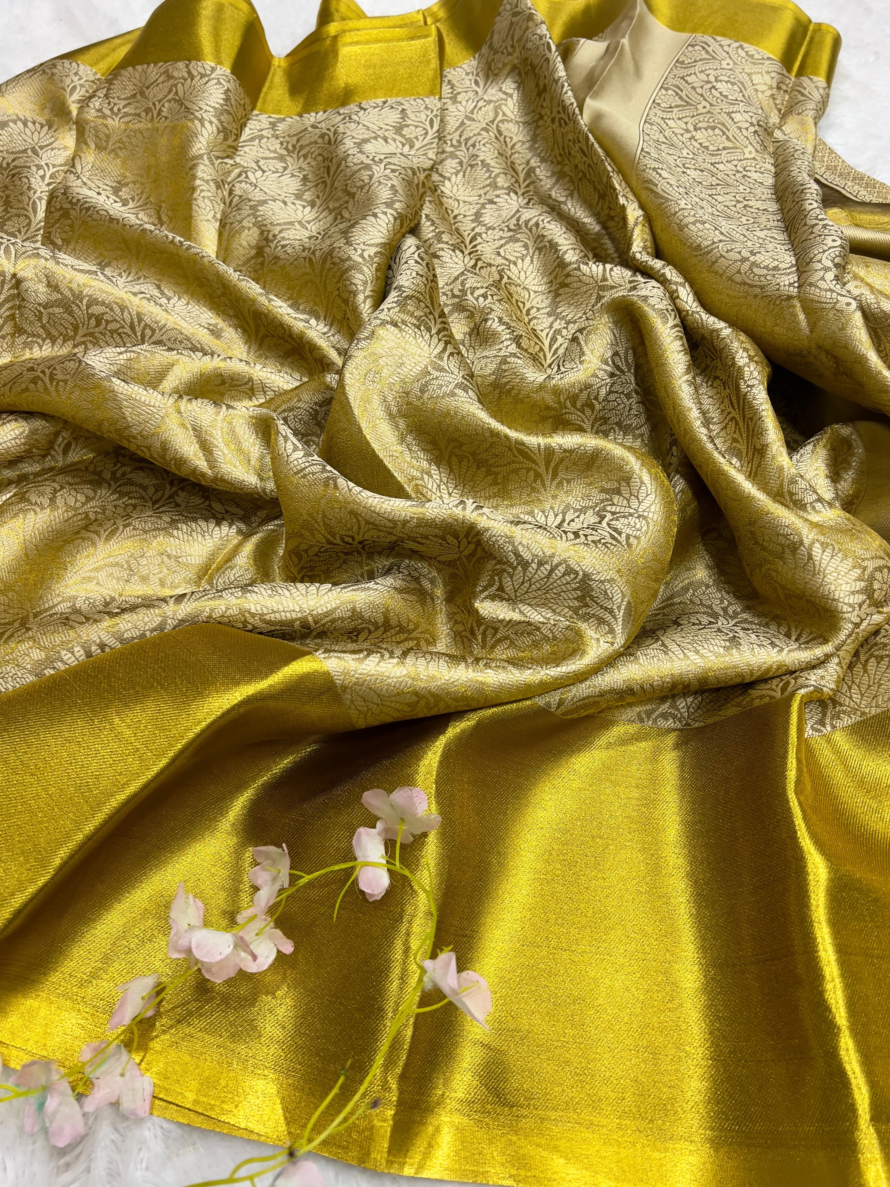 Dark Yellow Beautiful Banarsi Handloom Golden Tissue Zari Silk Saree