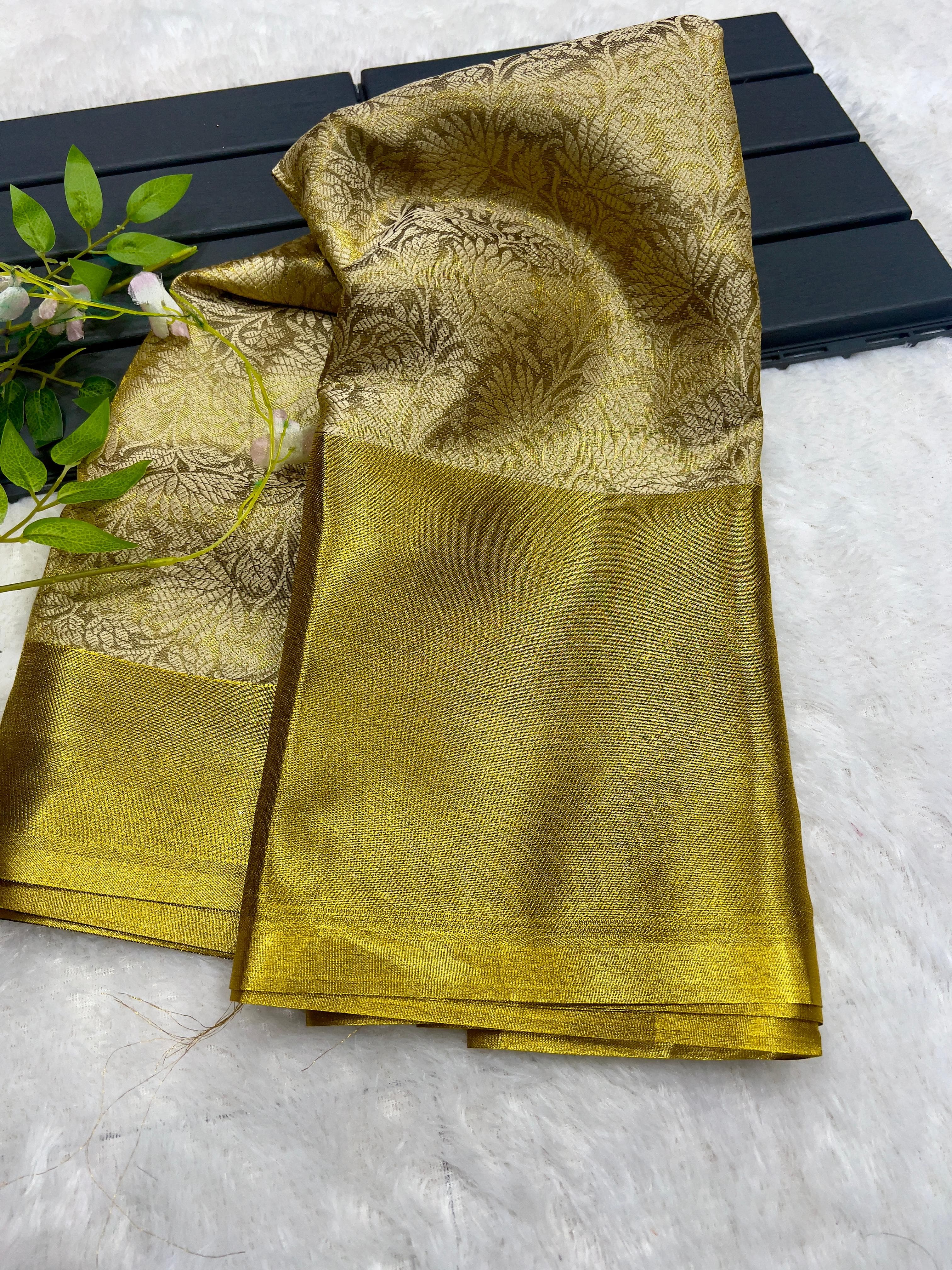 Dark Yellow Beautiful Banarsi Handloom Golden Tissue Zari Silk Saree