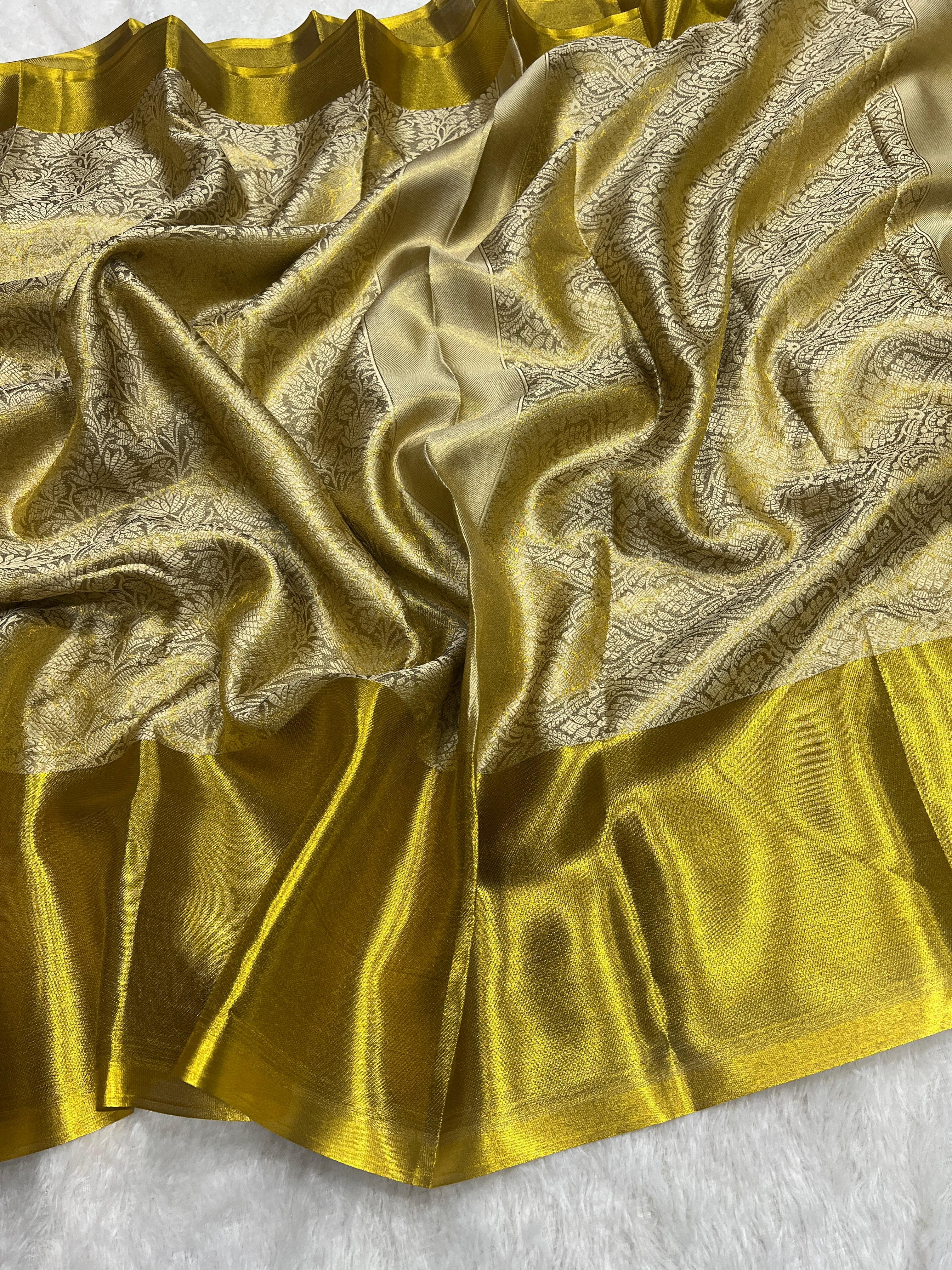 Dark Yellow Beautiful Banarsi Handloom Golden Tissue Zari Silk Saree