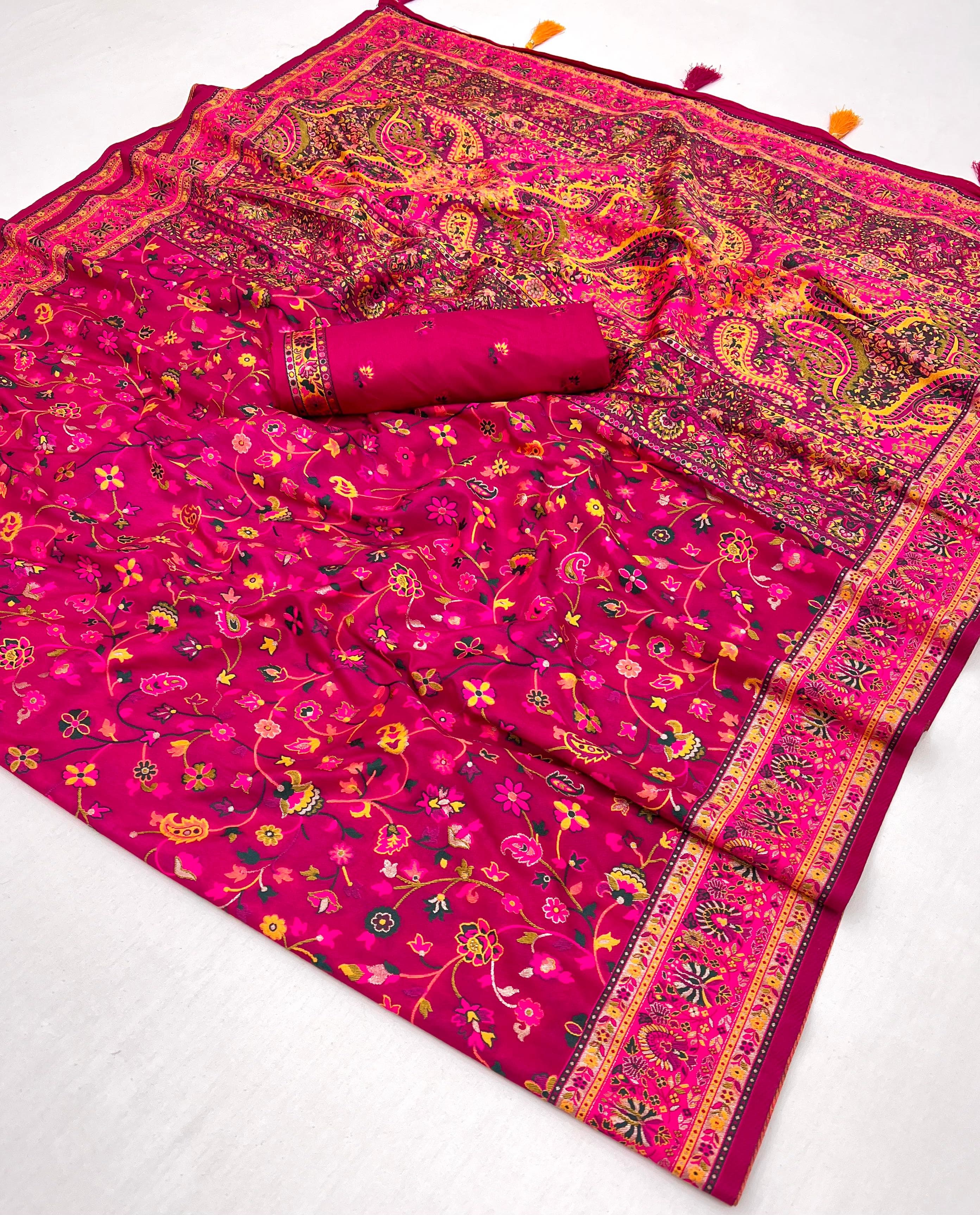 Debian Red Pashmina Kashmiri Sarees with meena weaves and kashmiri weaves