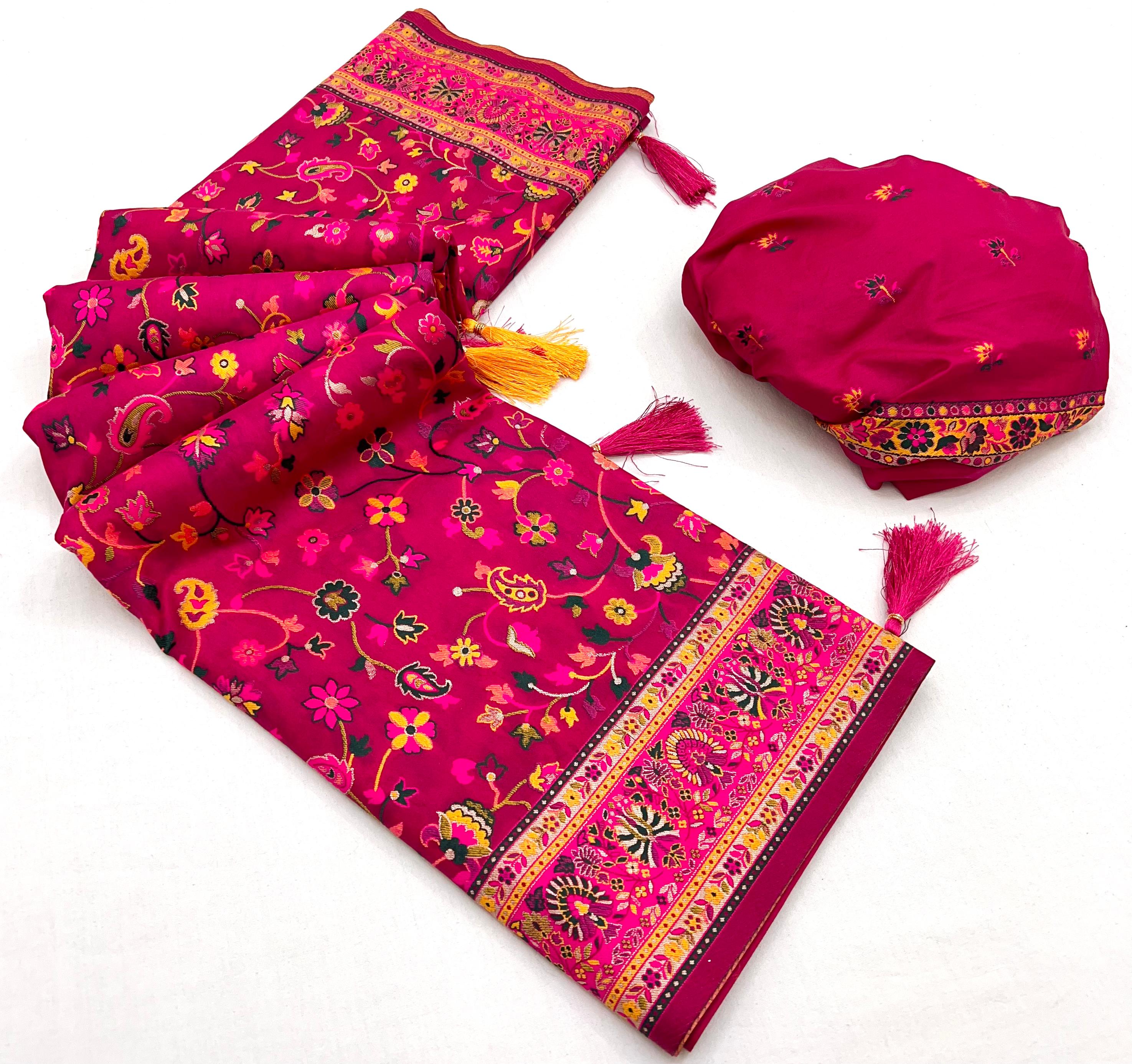 Debian Red Pashmina Kashmiri Sarees with meena weaves and kashmiri weaves