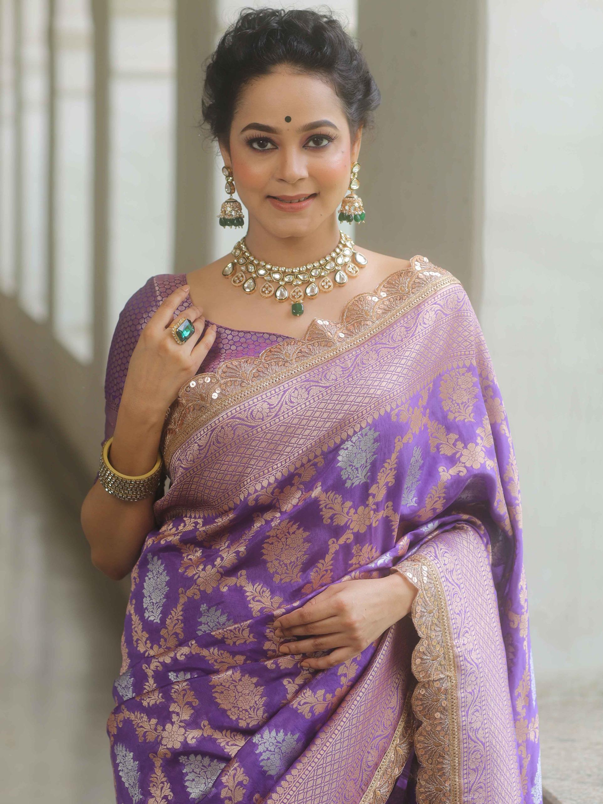 Deep lavender banarsi katan silk saree