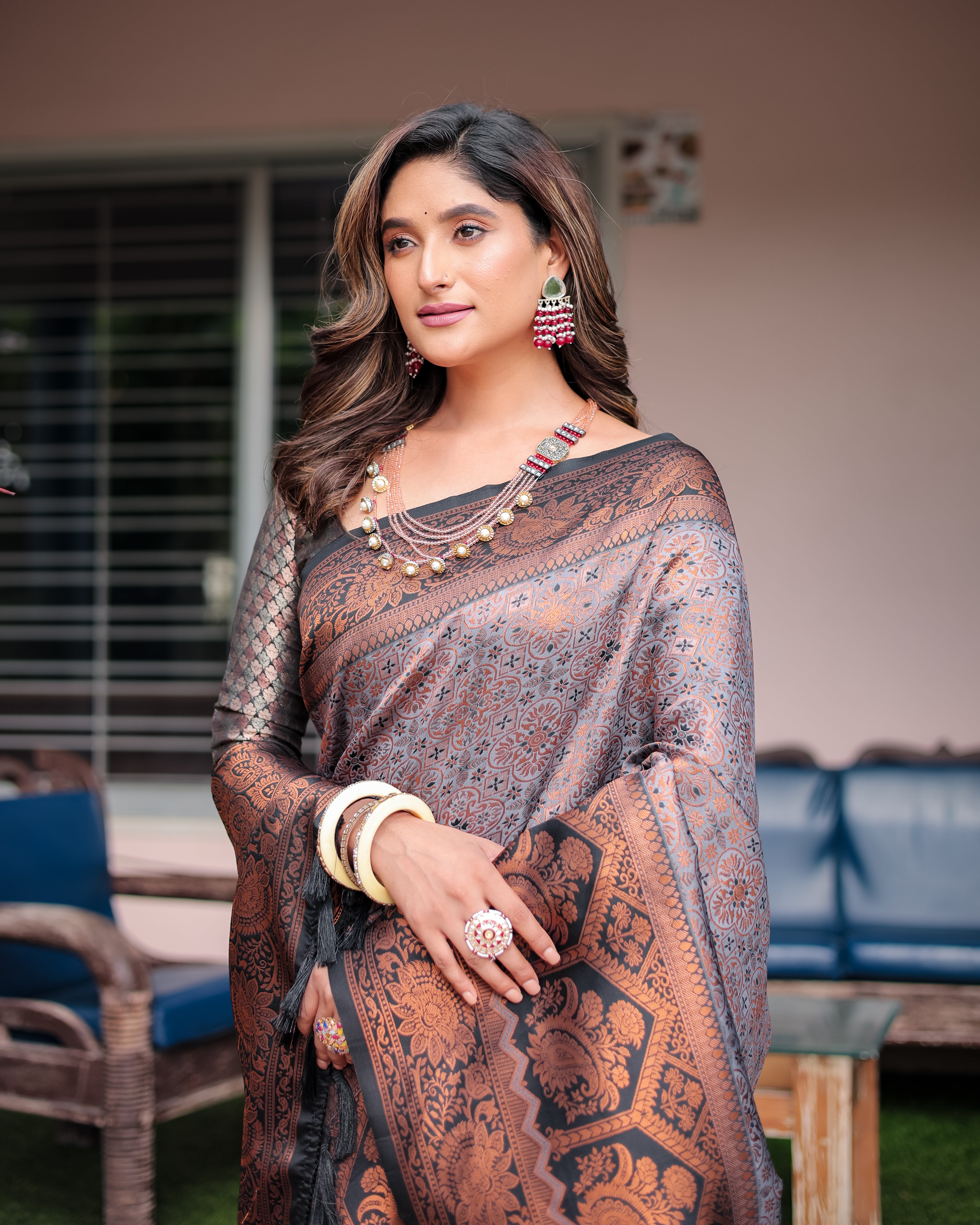 Dusty Grey Designer Tassels Premium Banarsi Silk Saree