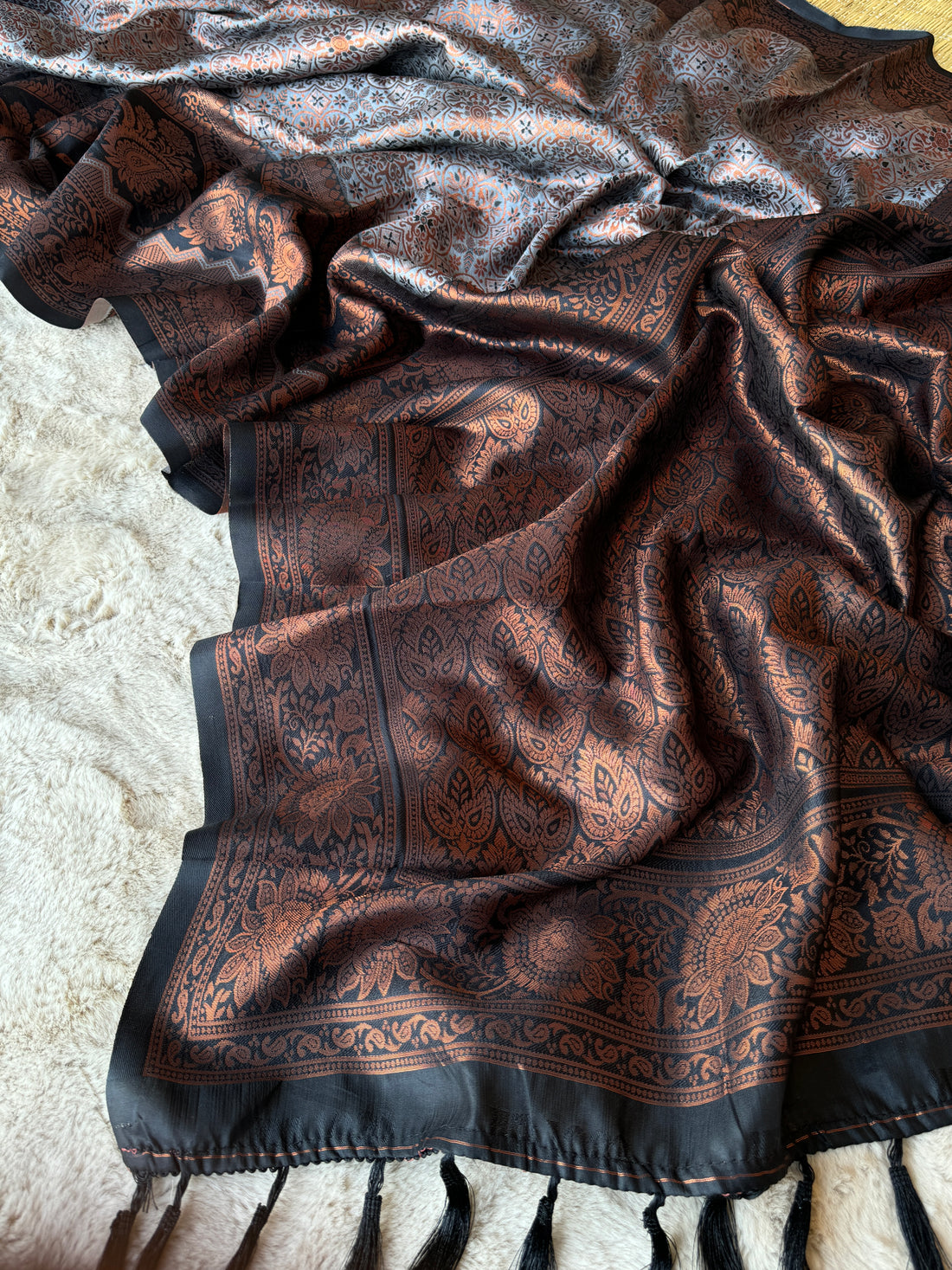 Dusty Grey Designer Tassels Premium Banarsi Silk Saree