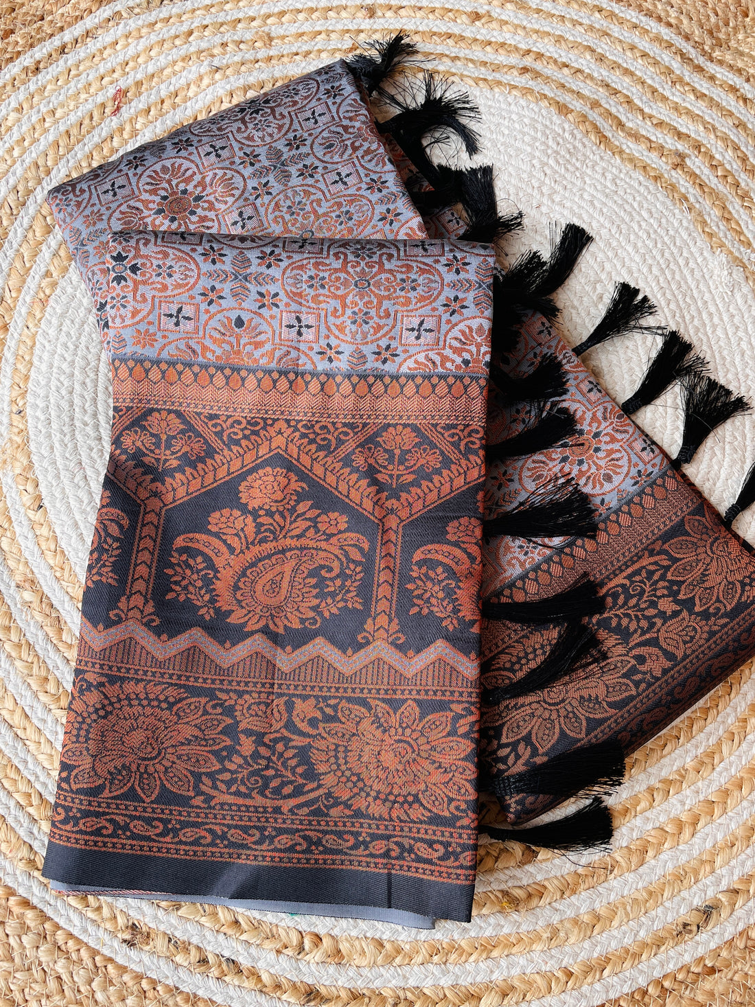 Dusty Grey Designer Tassels Premium Banarsi Silk Saree