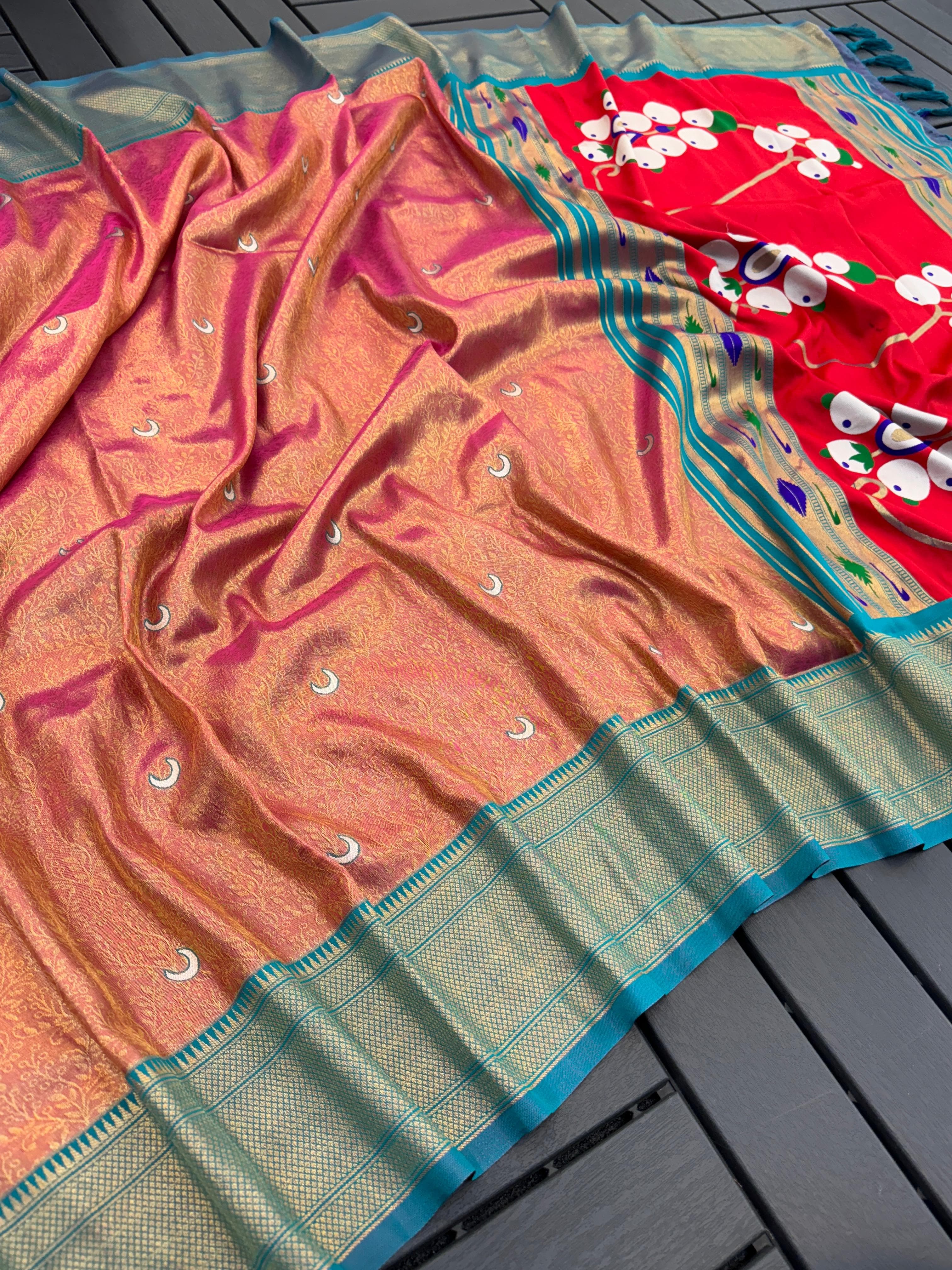 Dusty Red Pure Soft Tissue Silk Paithani Saree