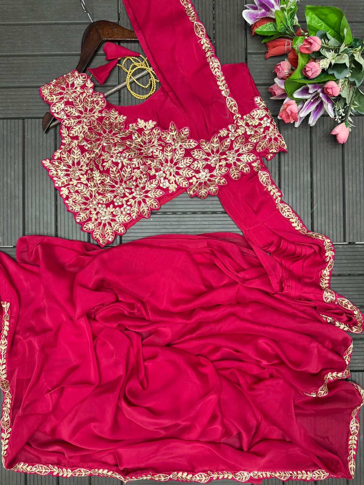 Embroidery Cording Work Ready to Wear Saree with Embroidery Blouse