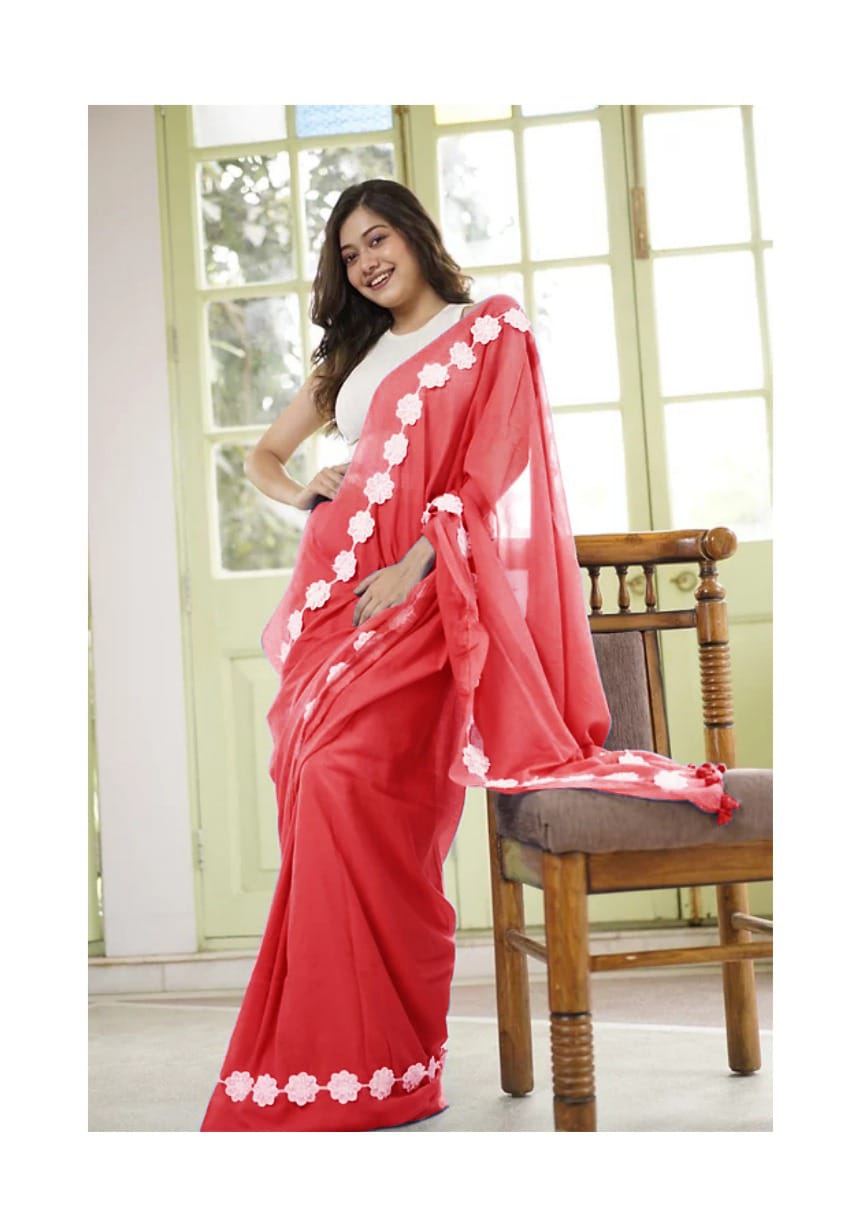 Faded Red Georgette Fancy Lace Attech Saree