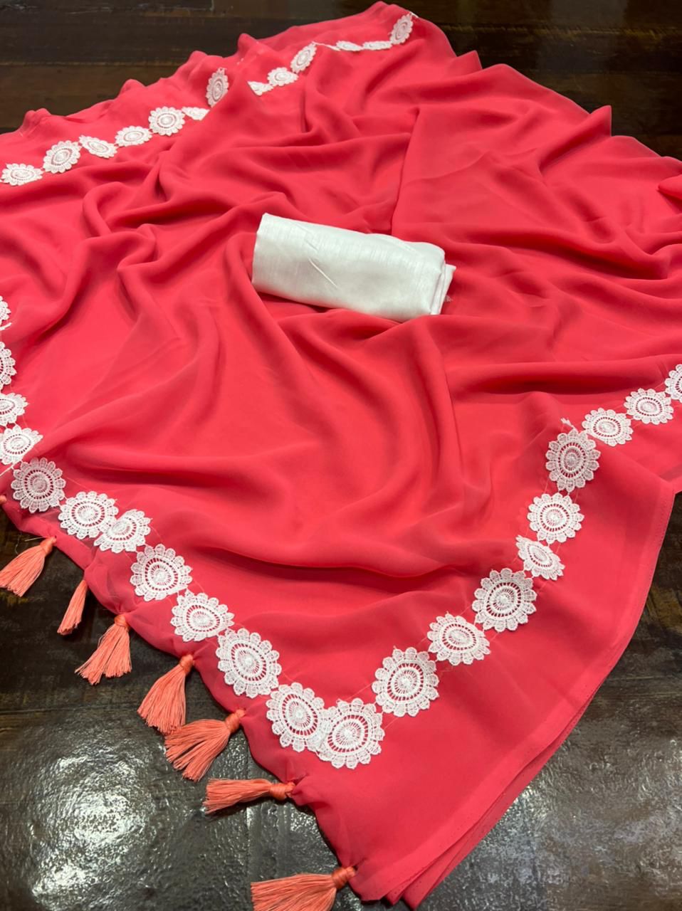 Faded Red Georgette Fancy Lace Attech Saree