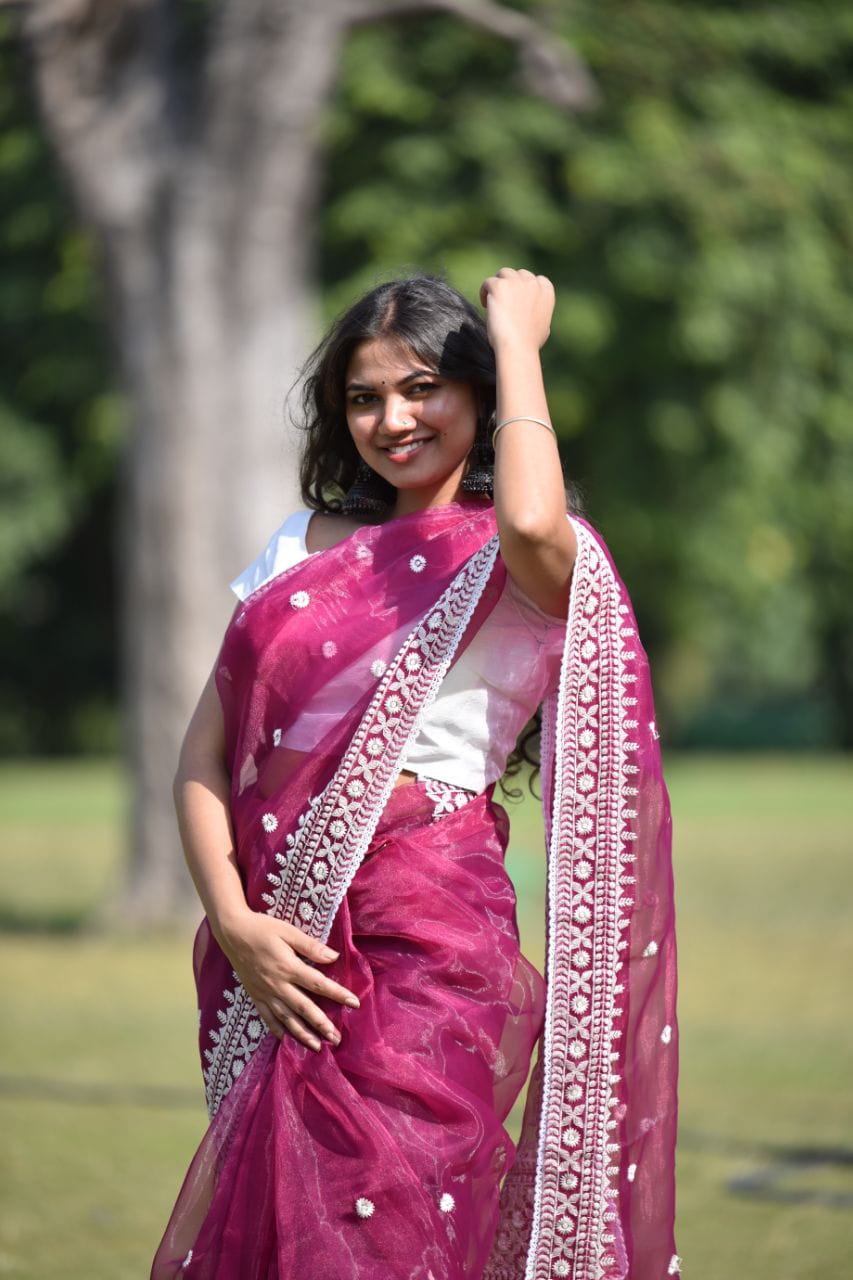 Fancy Organza Thread Lace Work Saree With Unstitched Blouse Rani