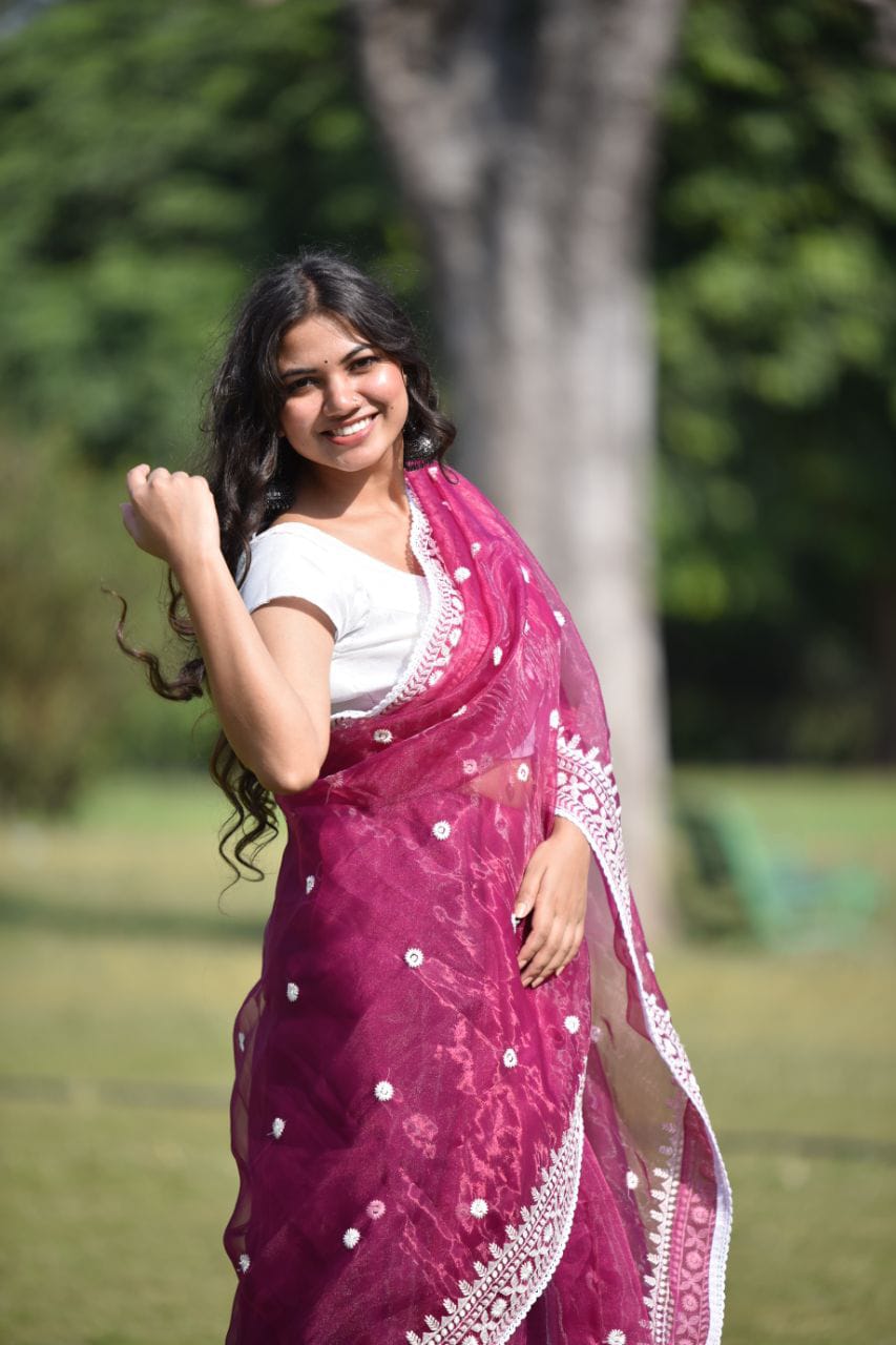 Fancy Organza Thread Lace Work Saree With Unstitched Blouse Rani