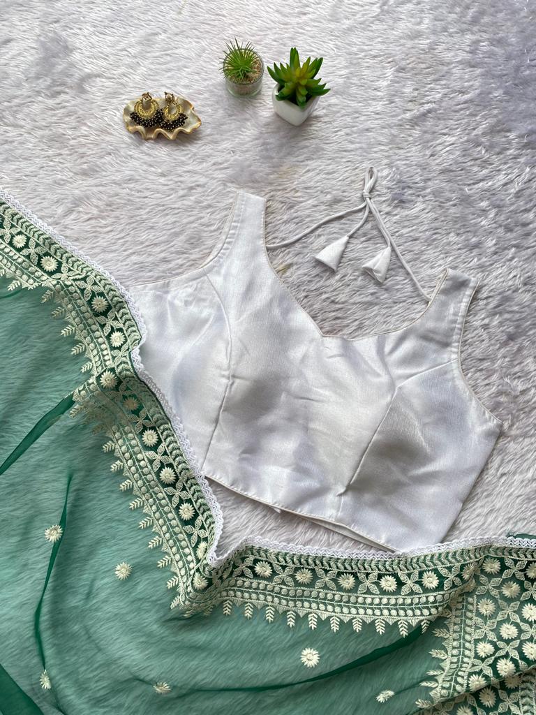 Fancy Organza Thread Lace Work Saree With Unstitched Blouse Rani