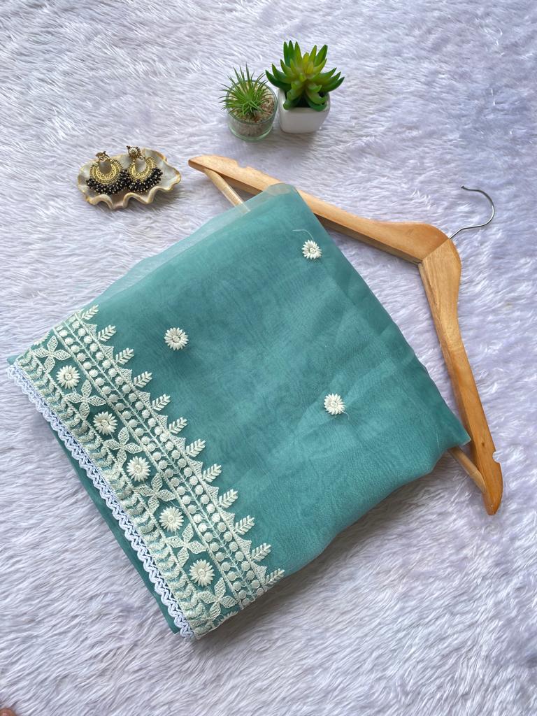 Fancy Organza Thread Lace Work Saree With Unstitched Blouse Rani