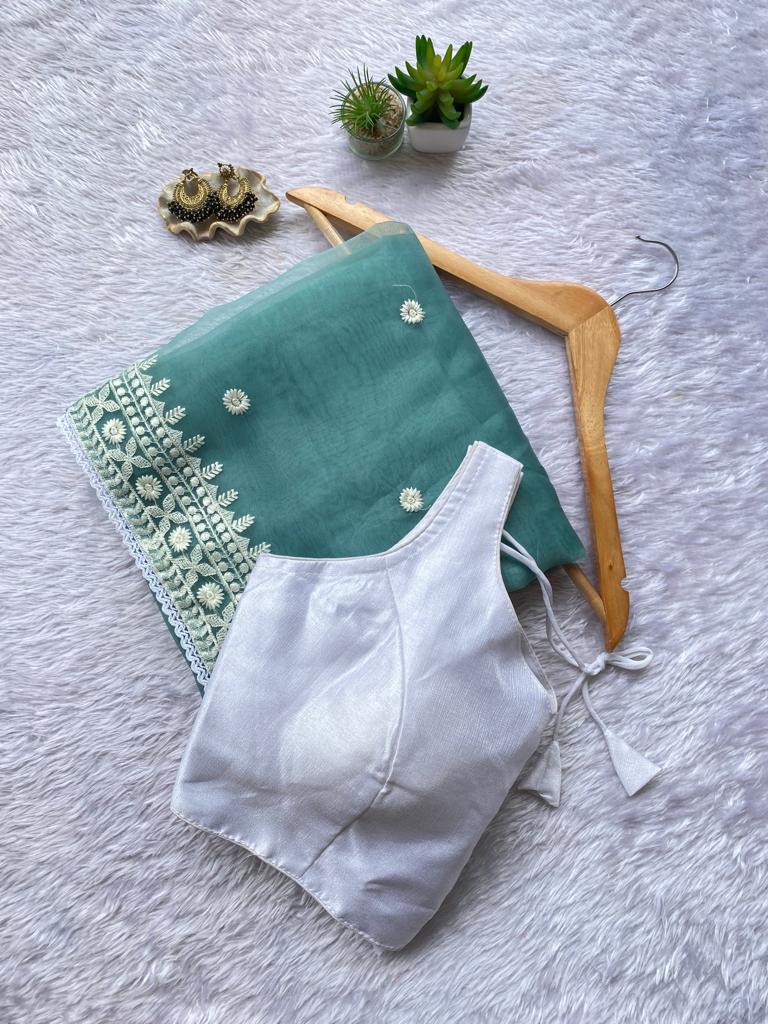 Fancy Organza Thread Lace Work Saree With Unstitched Blouse Rani