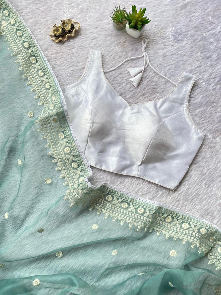 Fancy Organza Thread Lace Work Saree With Unstitched Blouse Rani