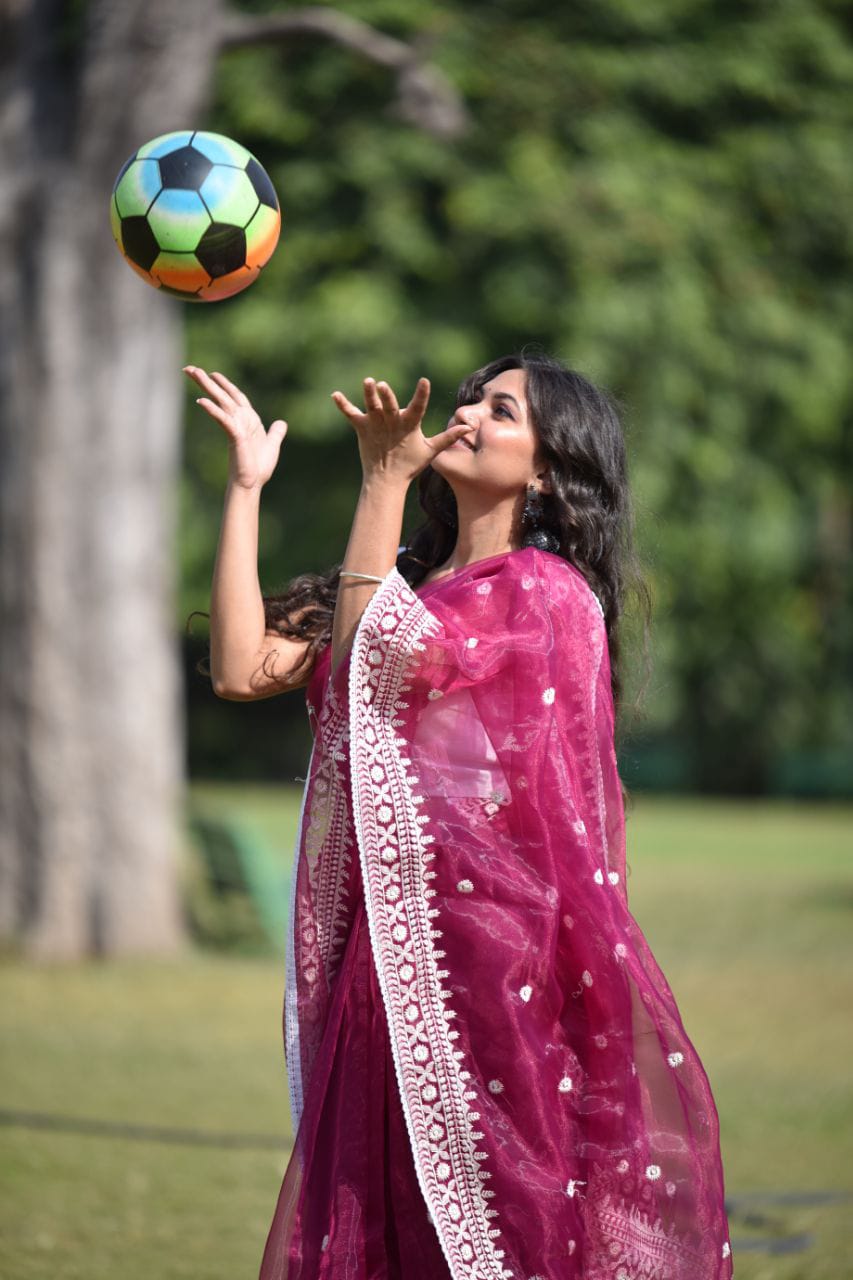 Fancy Organza Thread Lace Work Saree With Unstitched Blouse Rani