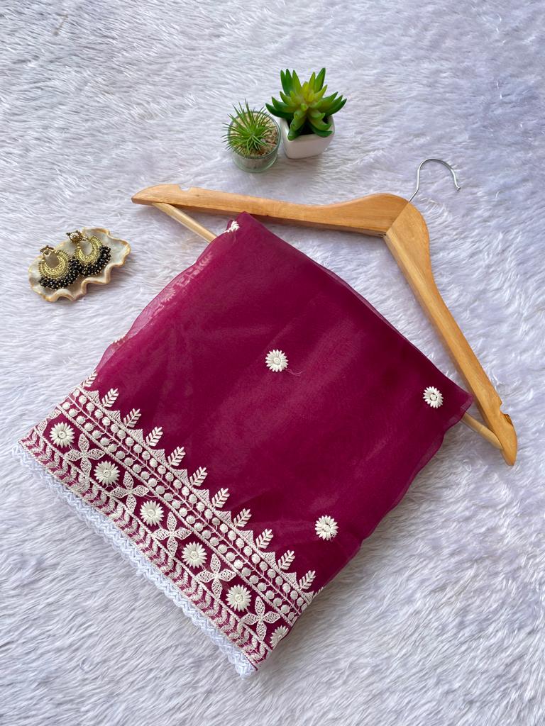 Fancy Organza Thread Lace Work Saree With Unstitched Blouse Rani