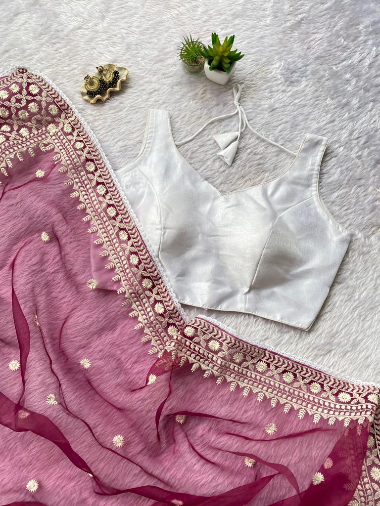 Fancy Organza Thread Lace Work Saree With Unstitched Blouse Rani