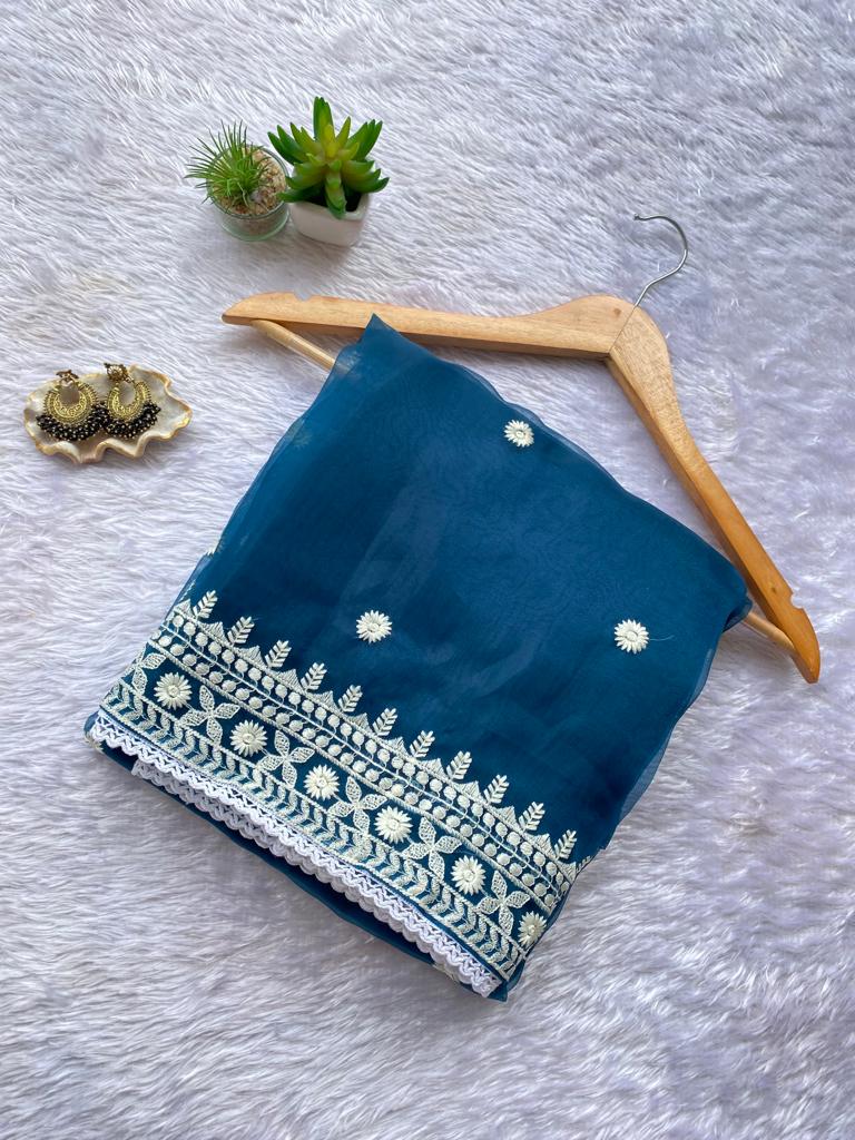 Fancy Organza Thread Lace Work Saree With Unstitched Blouse Rani