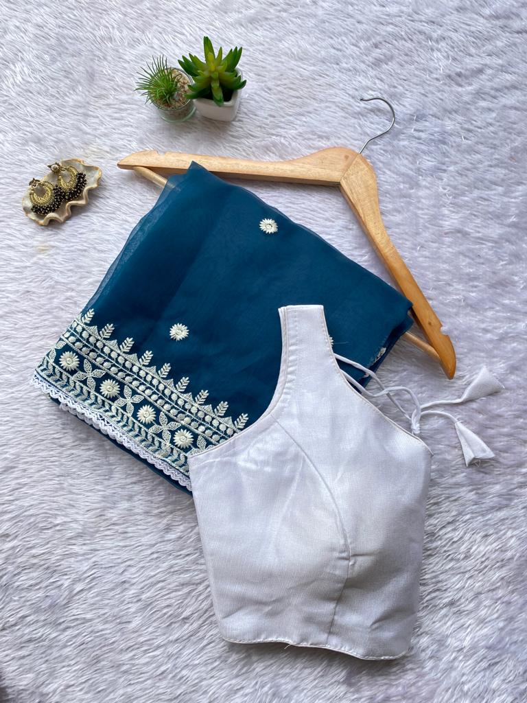 Fancy Organza Thread Lace Work Saree With Unstitched Blouse Rani