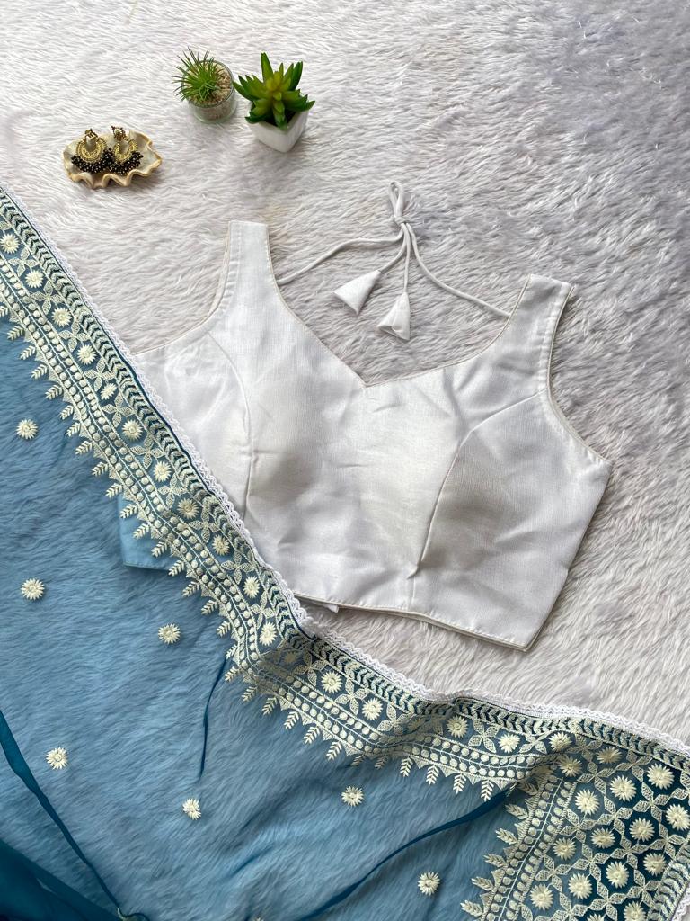 Fancy Organza Thread Lace Work Saree With Unstitched Blouse Rani