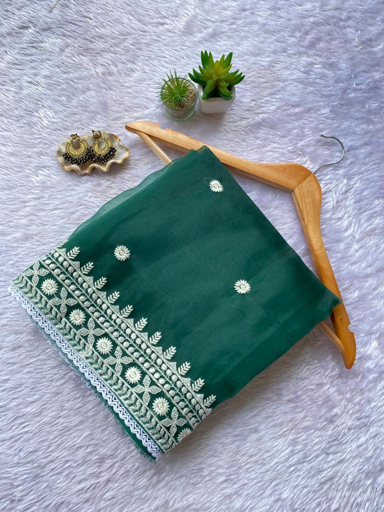 Fancy Organza Thread Lace Work Saree With Unstitched Blouse Rani