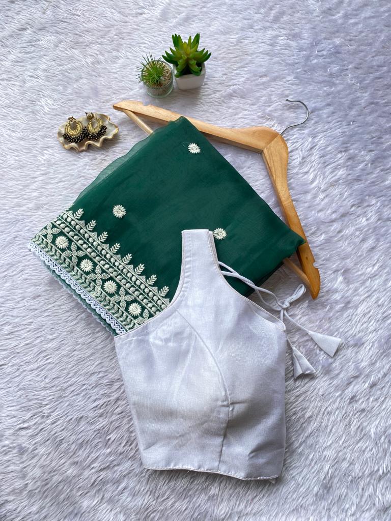 Fancy Organza Thread Lace Work Saree With Unstitched Blouse Rani