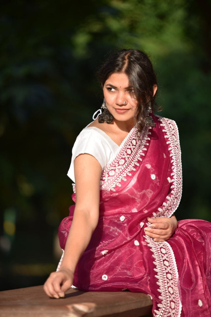 Fancy Organza Thread Lace Work Saree With Unstitched Blouse Rani
