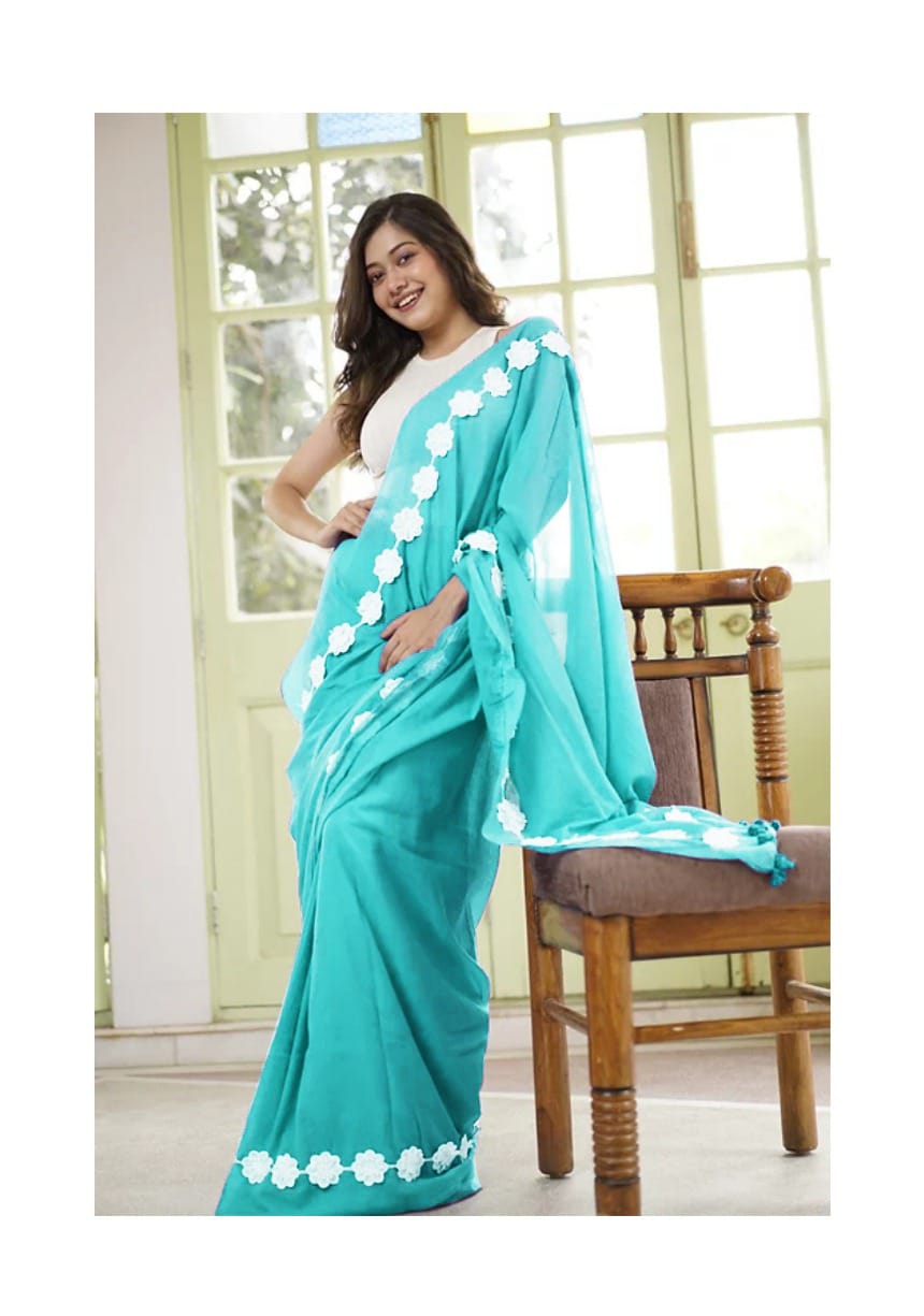 Fountain Blue Georgette Fancy Lace Attech Saree
