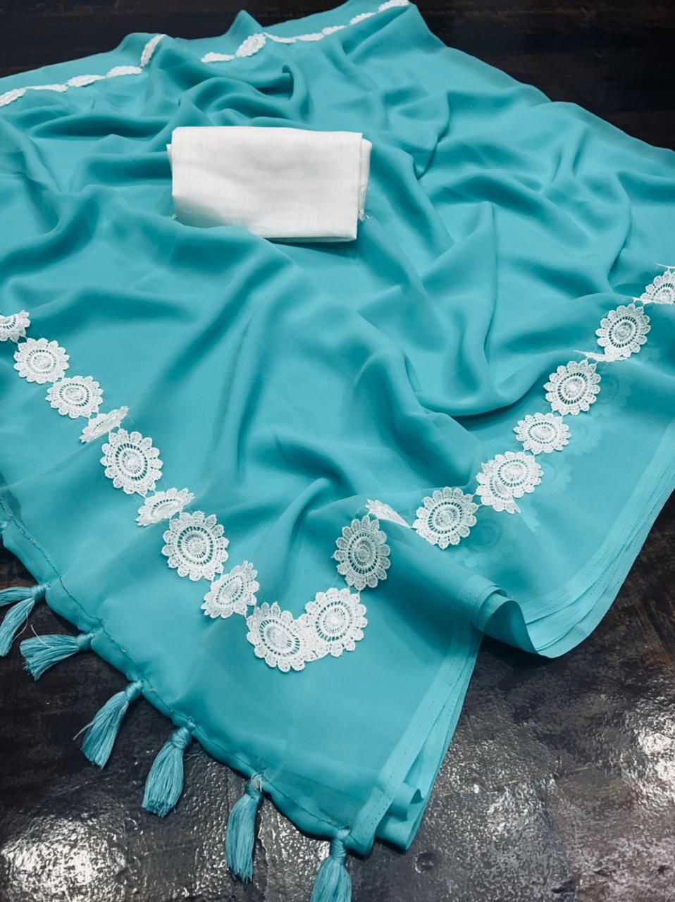 Fountain Blue Georgette Fancy Lace Attech Saree