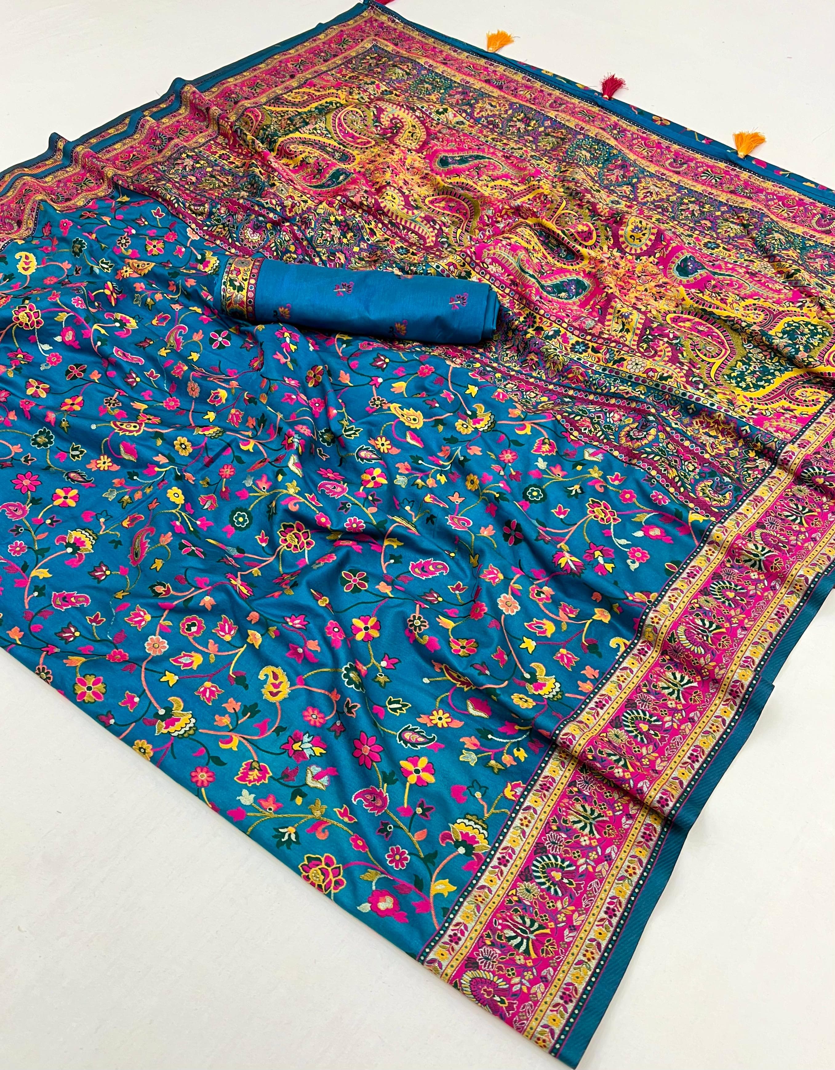 French Blue Pashmina Kashmiri Sarees with meena weaves and kashmiri weaves