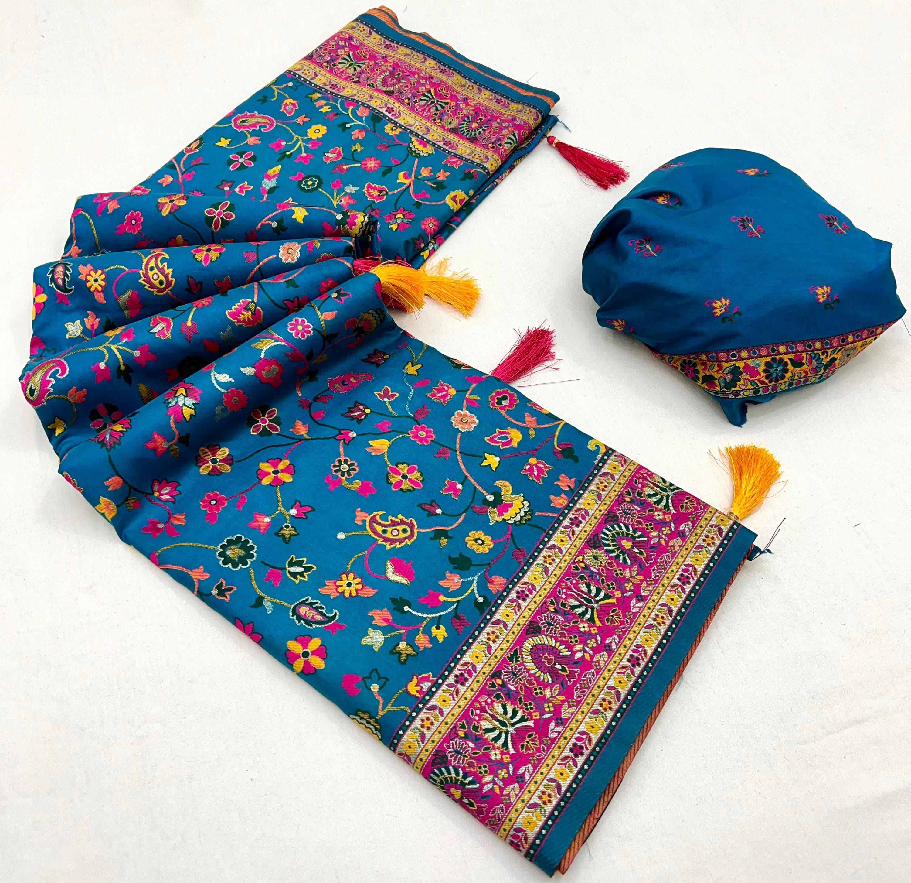 French Blue Pashmina Kashmiri Sarees with meena weaves and kashmiri weaves