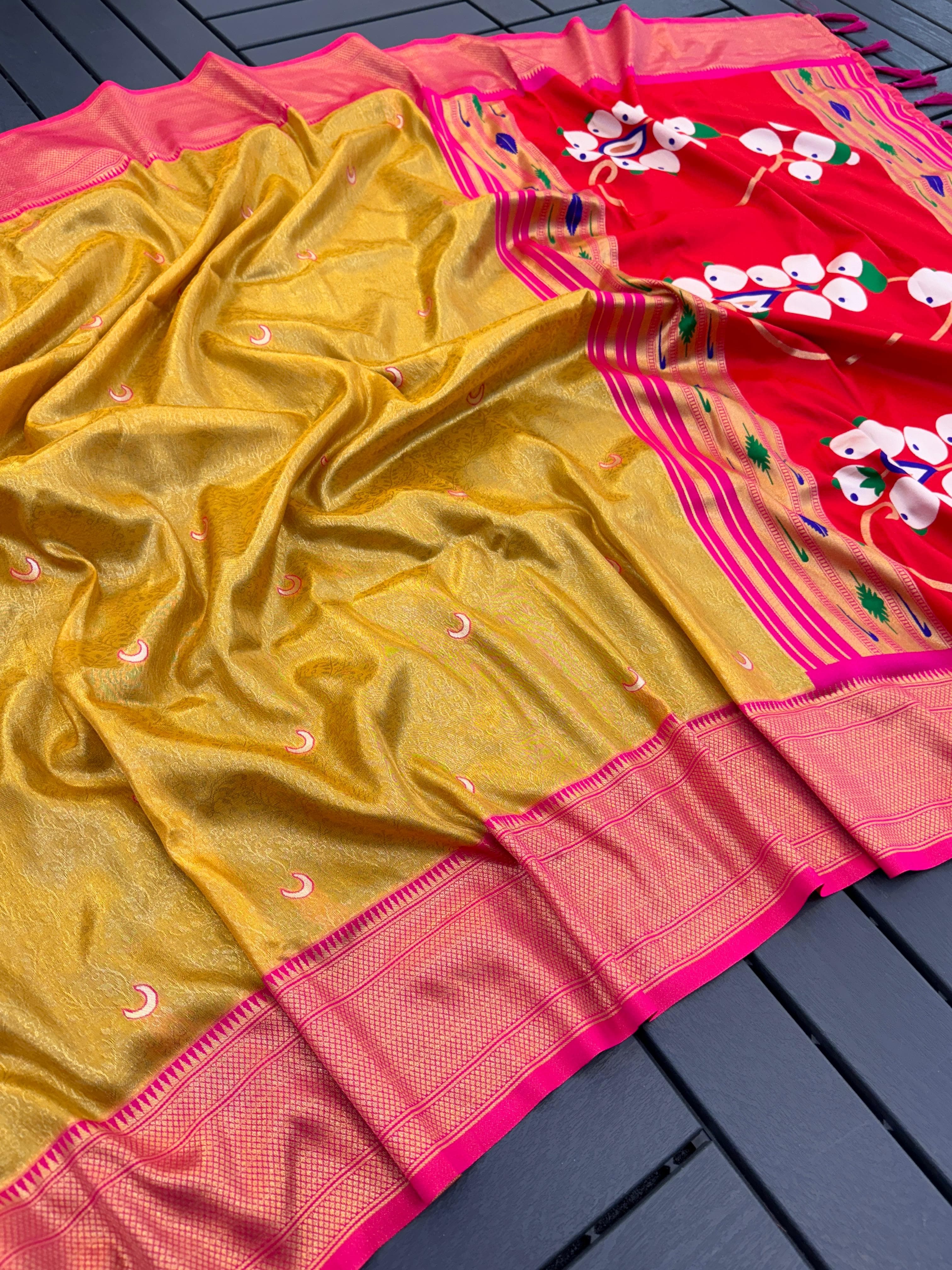Fuel Yellow Pure Soft Tissue Silk Paithani Saree