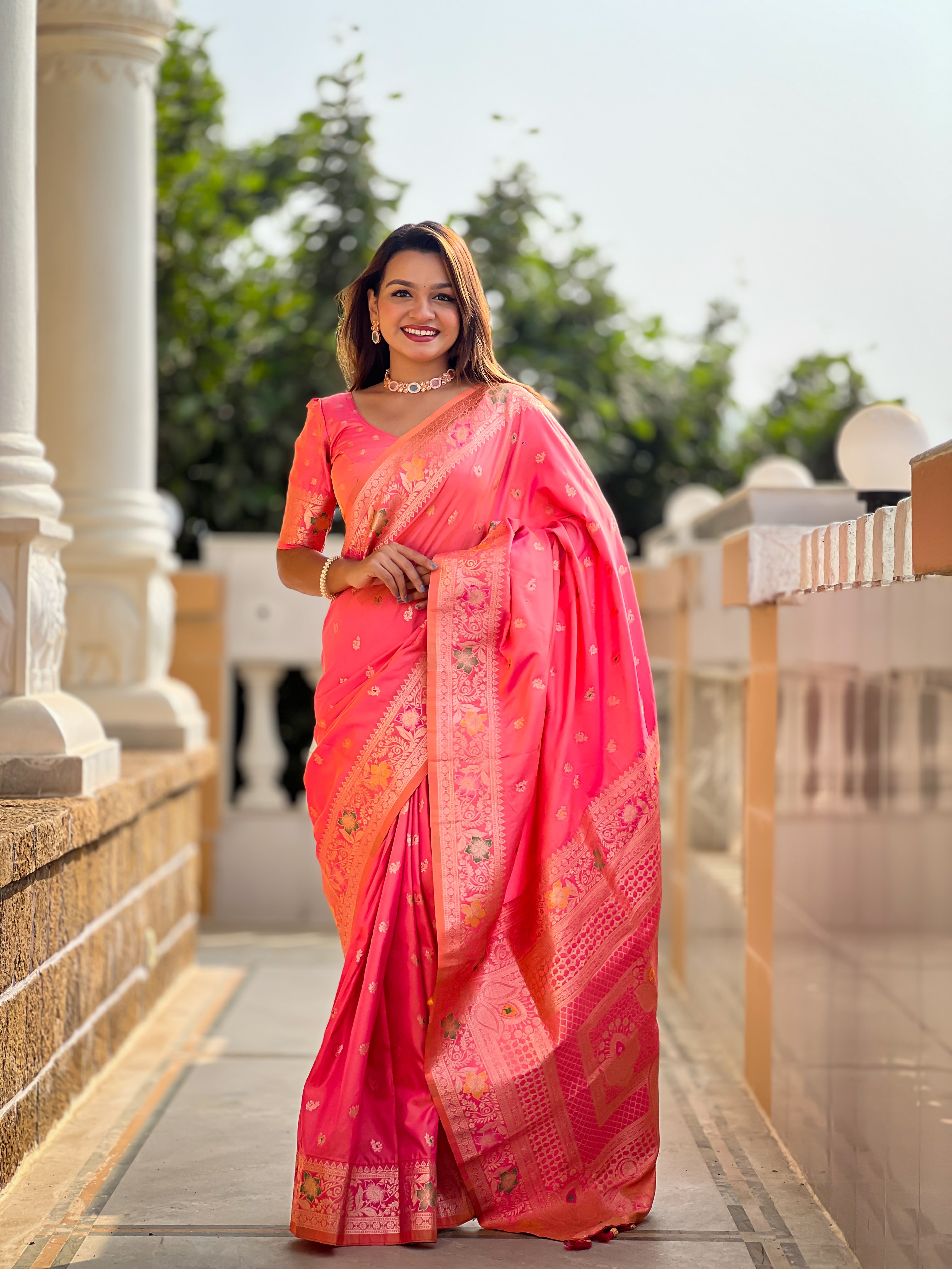 Gajri Pink Soft Banarasi Silk Saree With Zari Weaving Meenakari