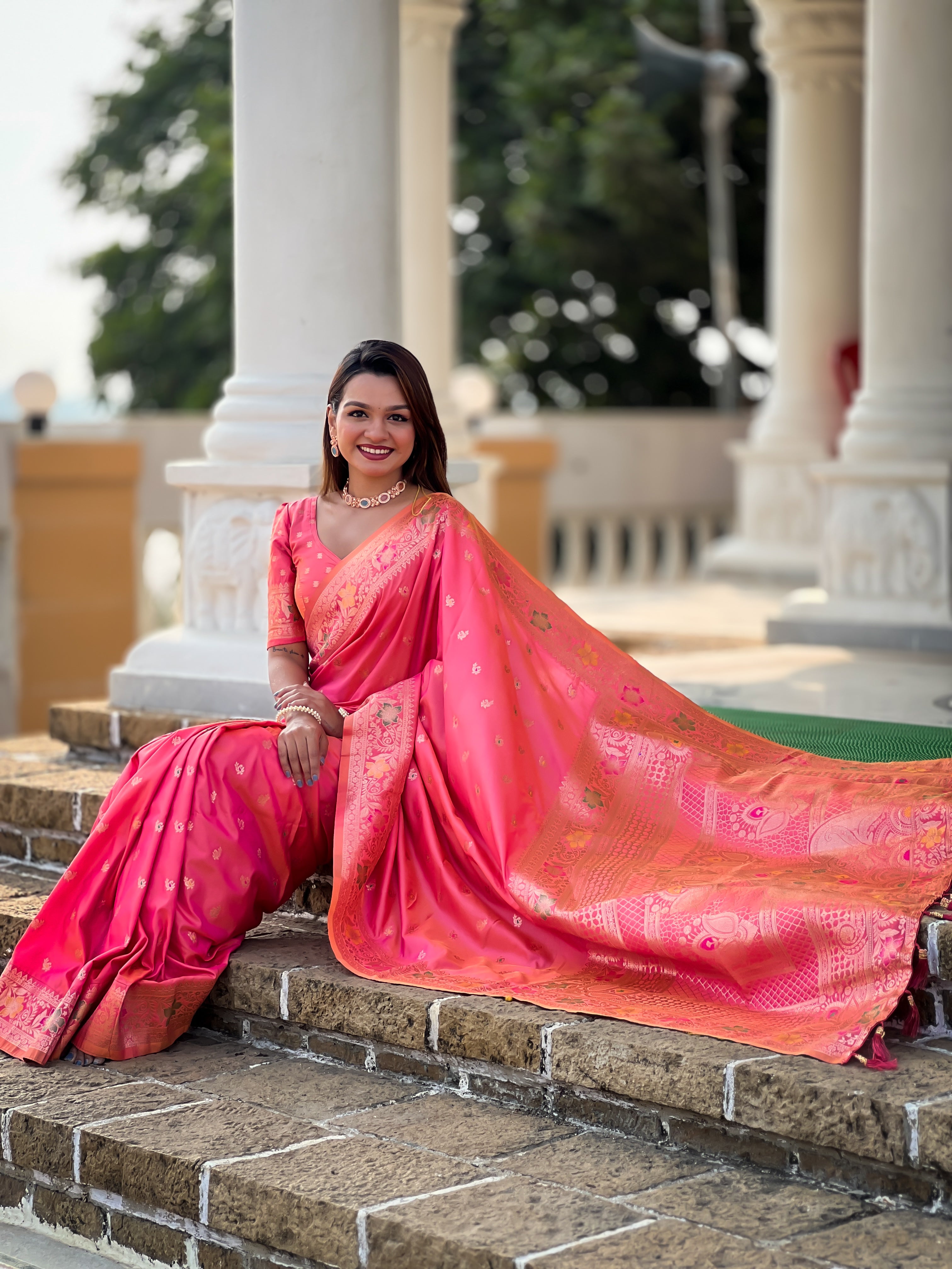 Gajri Pink Soft Banarasi Silk Saree With Zari Weaving Meenakari