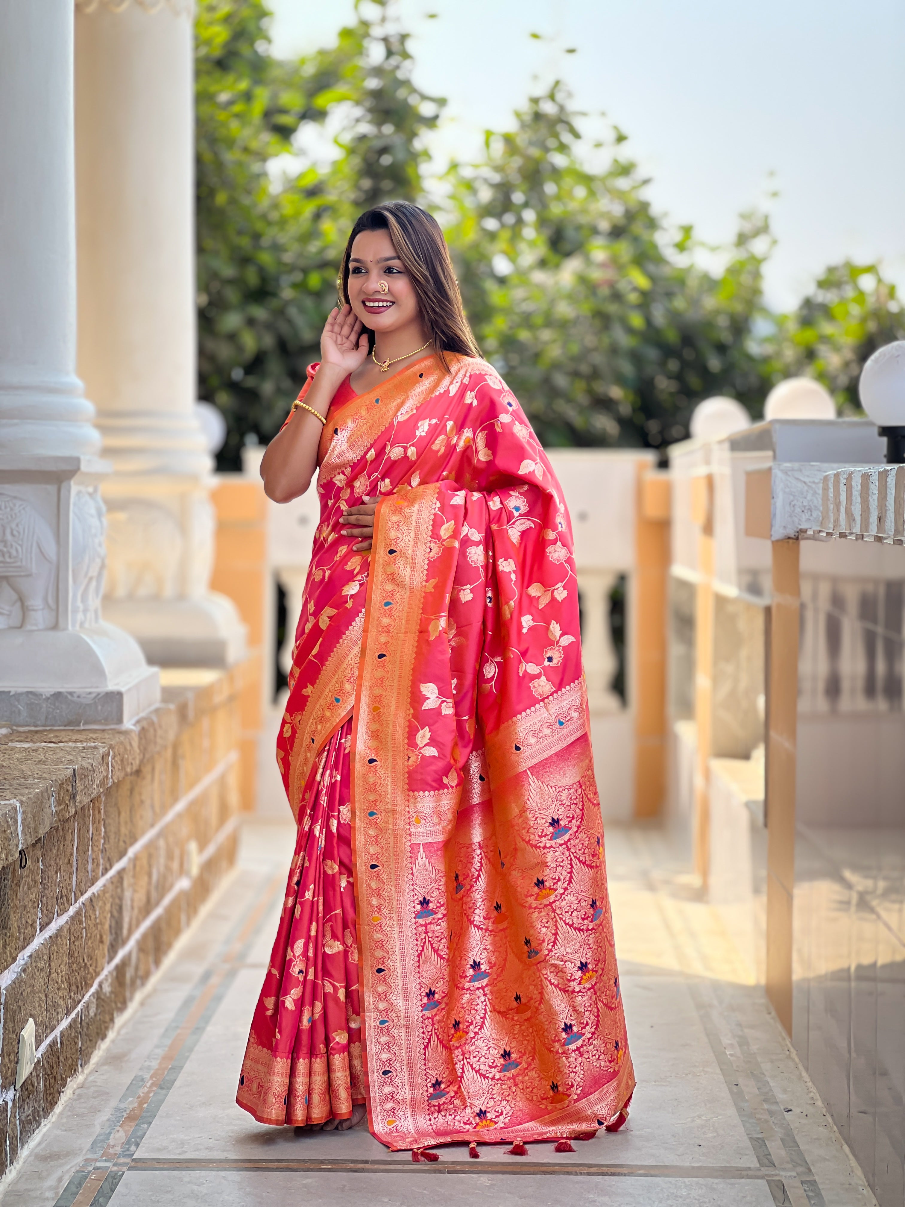 Gajri Pink Zari Embroidered Banarasi Silk Saree