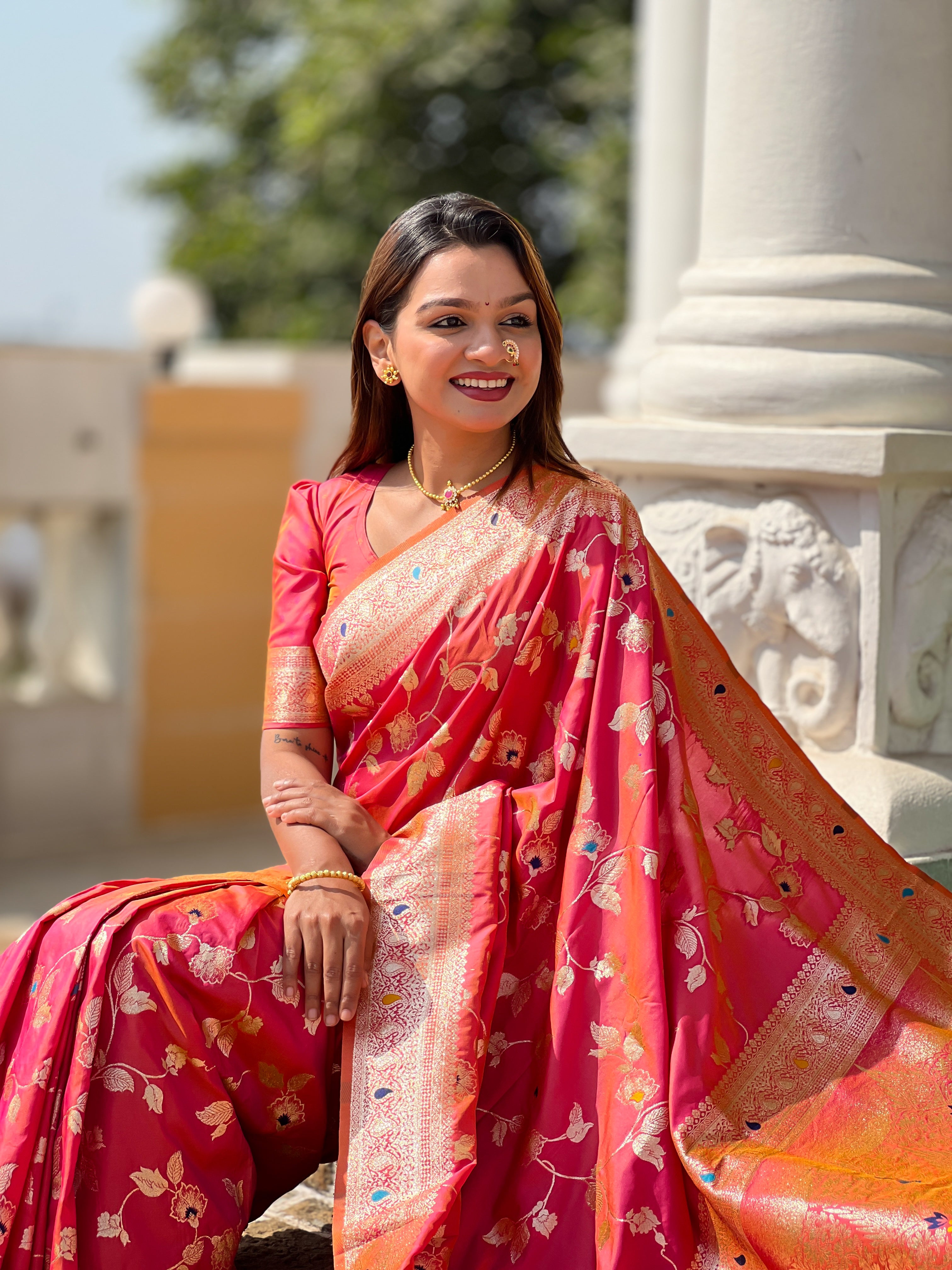 Gajri Pink Zari Embroidered Banarasi Silk Saree