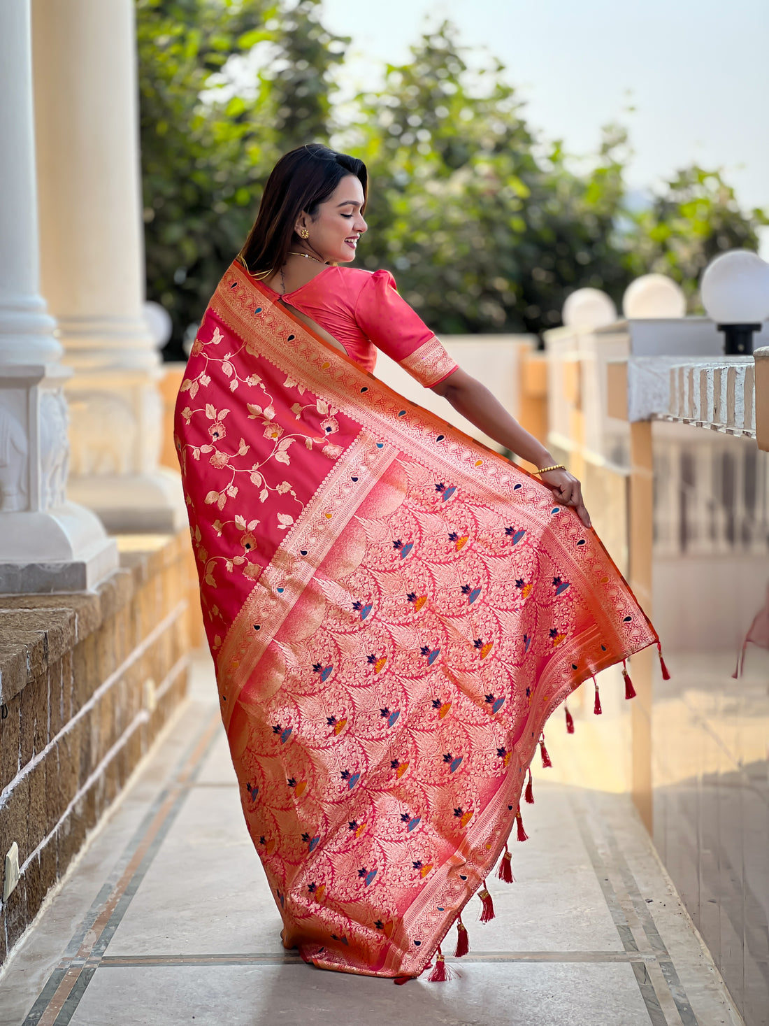 Gajri Pink Zari Embroidered Banarasi Silk Saree