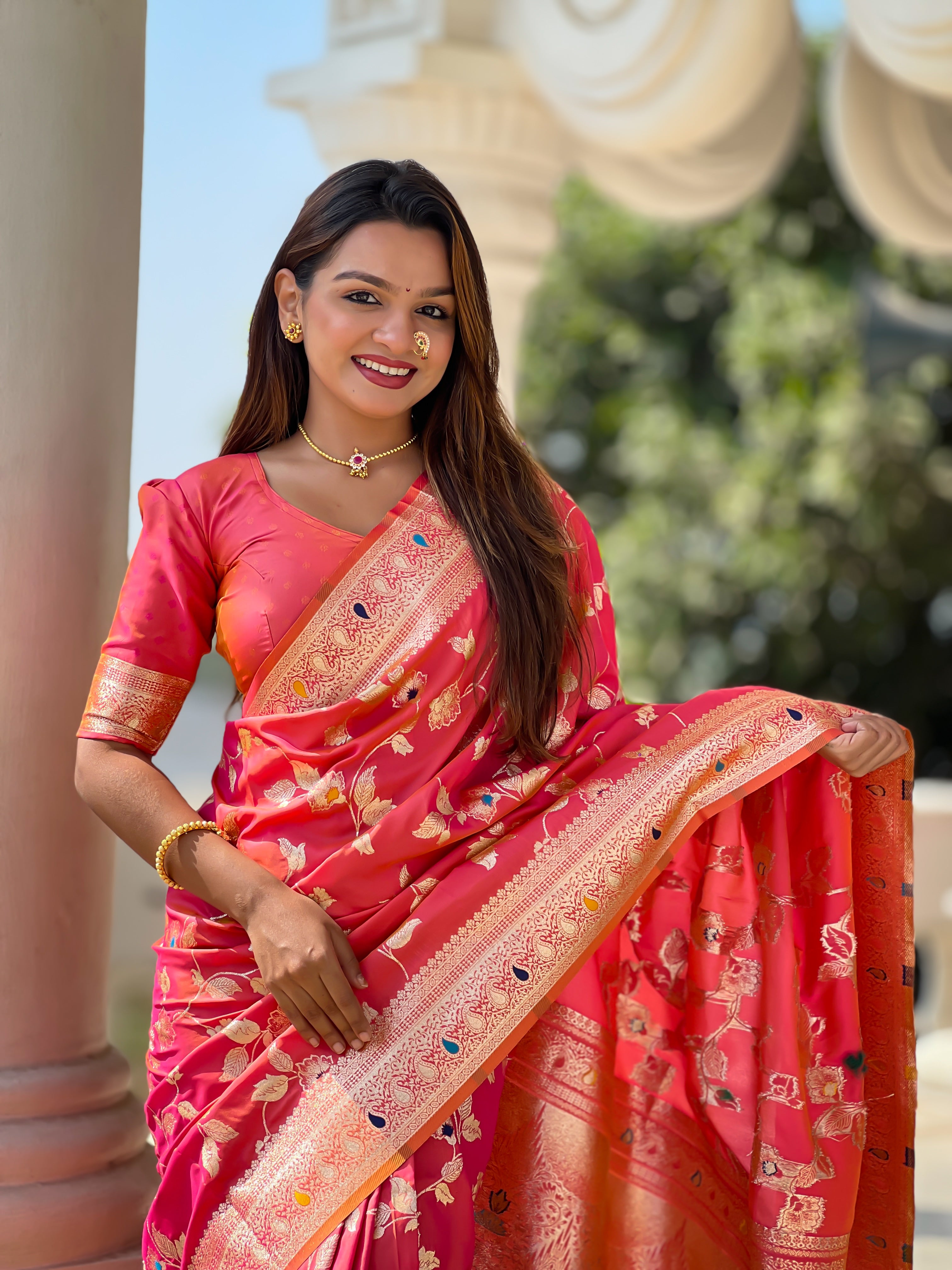 Gajri Pink Zari Embroidered Banarasi Silk Saree