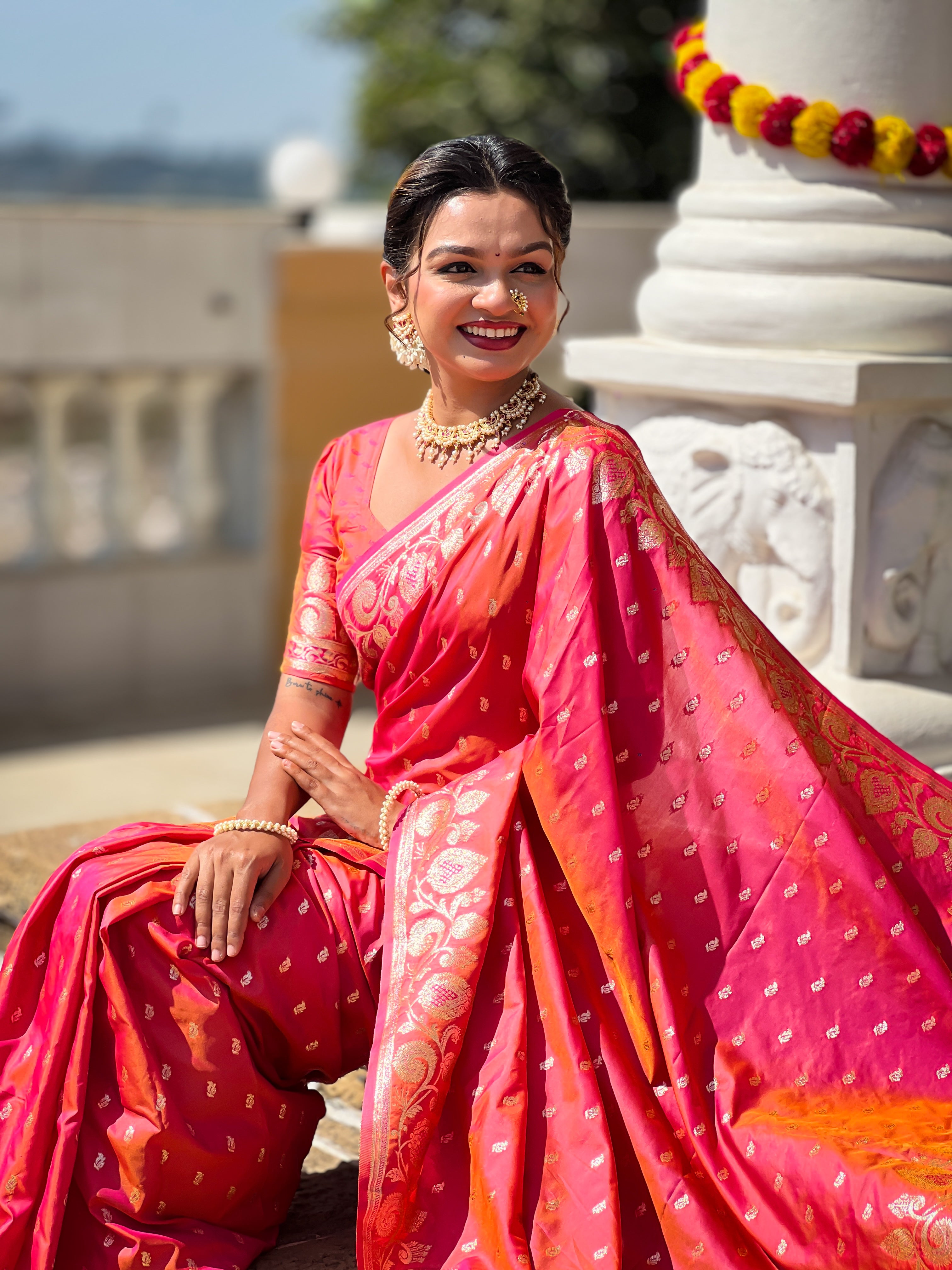 Gajri Pink Soft Banarasi Silk Blend Saree With Zari Weaving