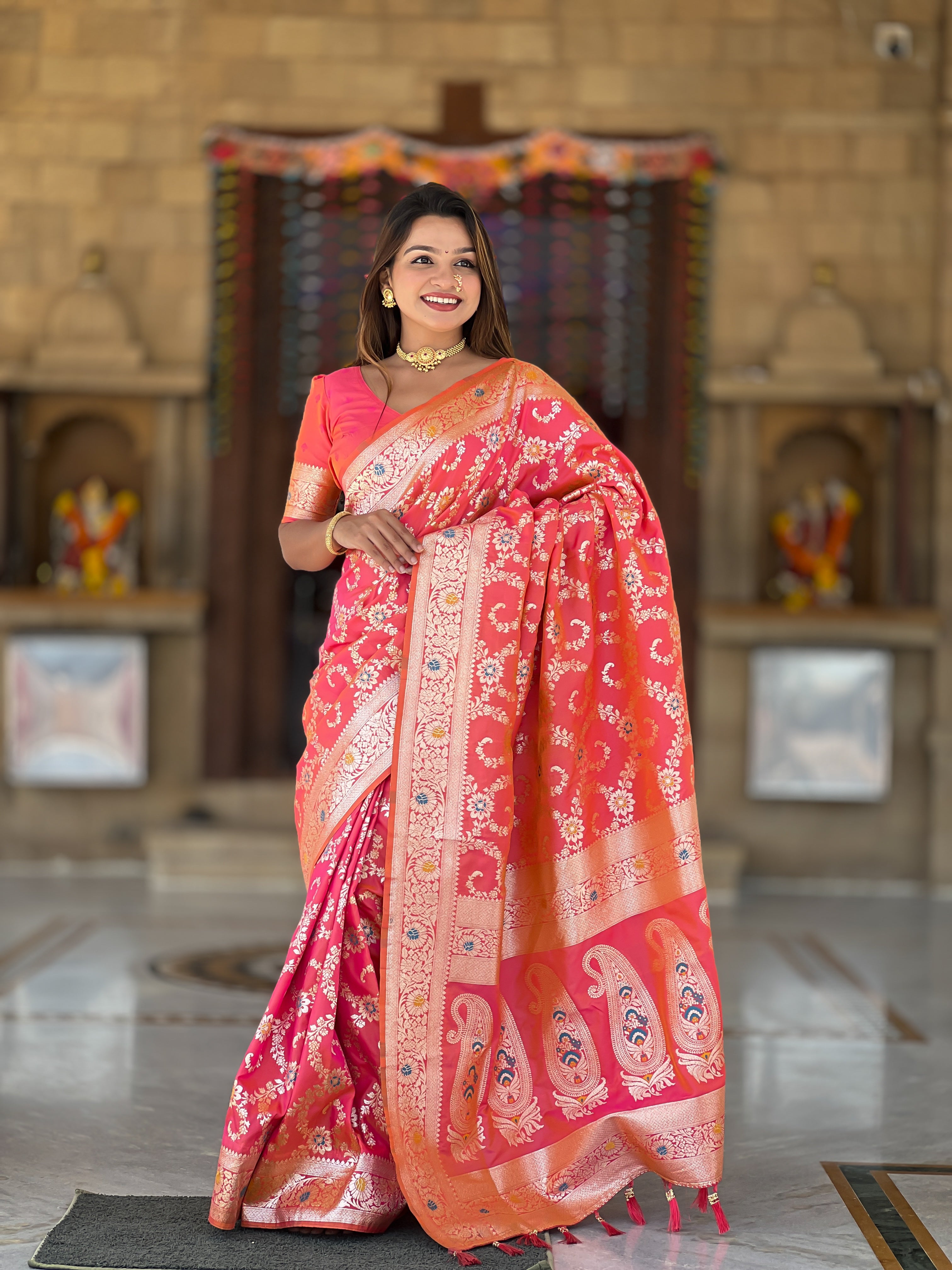 Gajri Pink Soft Banarasi Silk Saree with Zari Weaving Meenakari