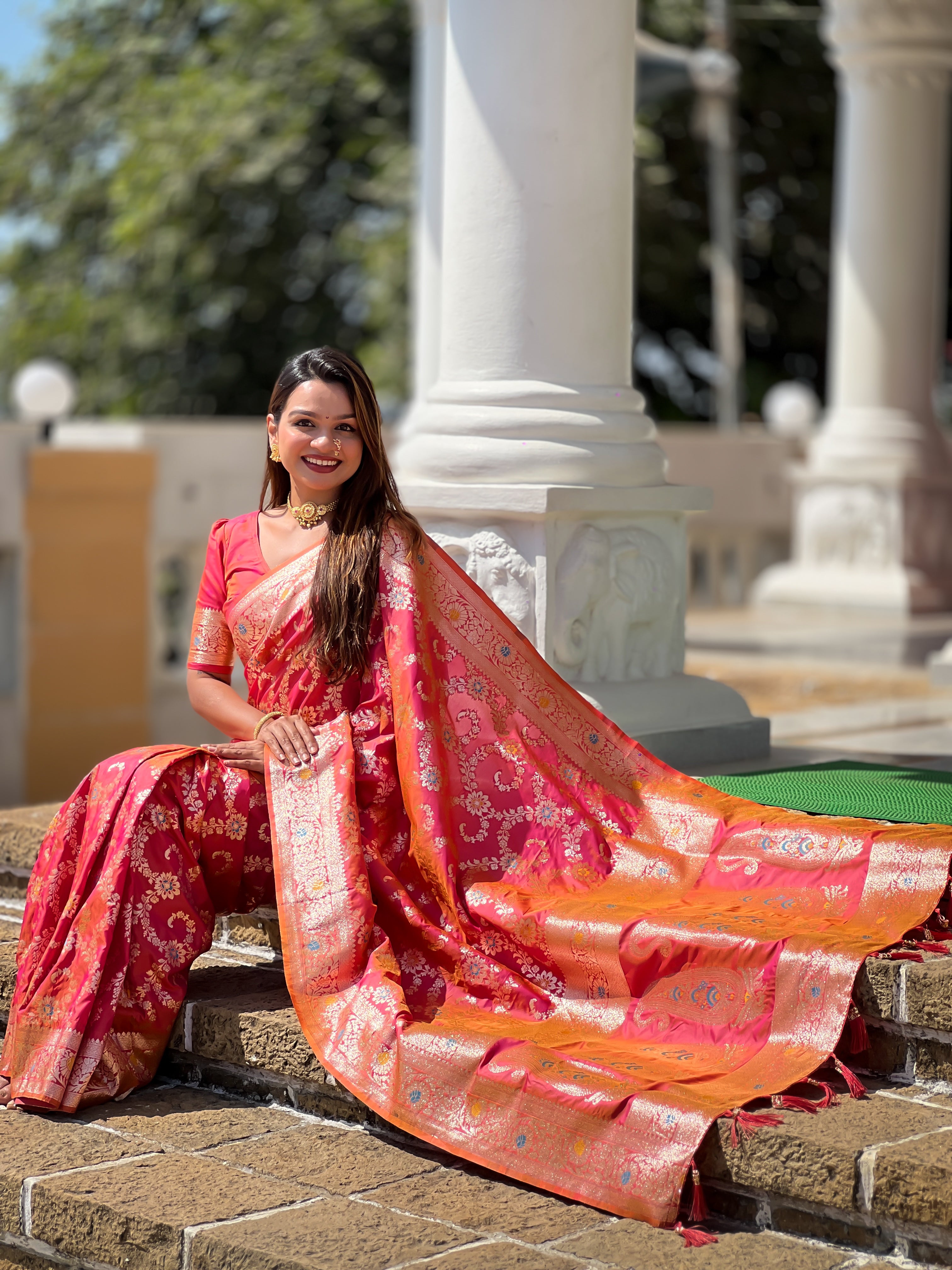 Gajri Pink Soft Banarasi Silk Saree with Zari Weaving Meenakari