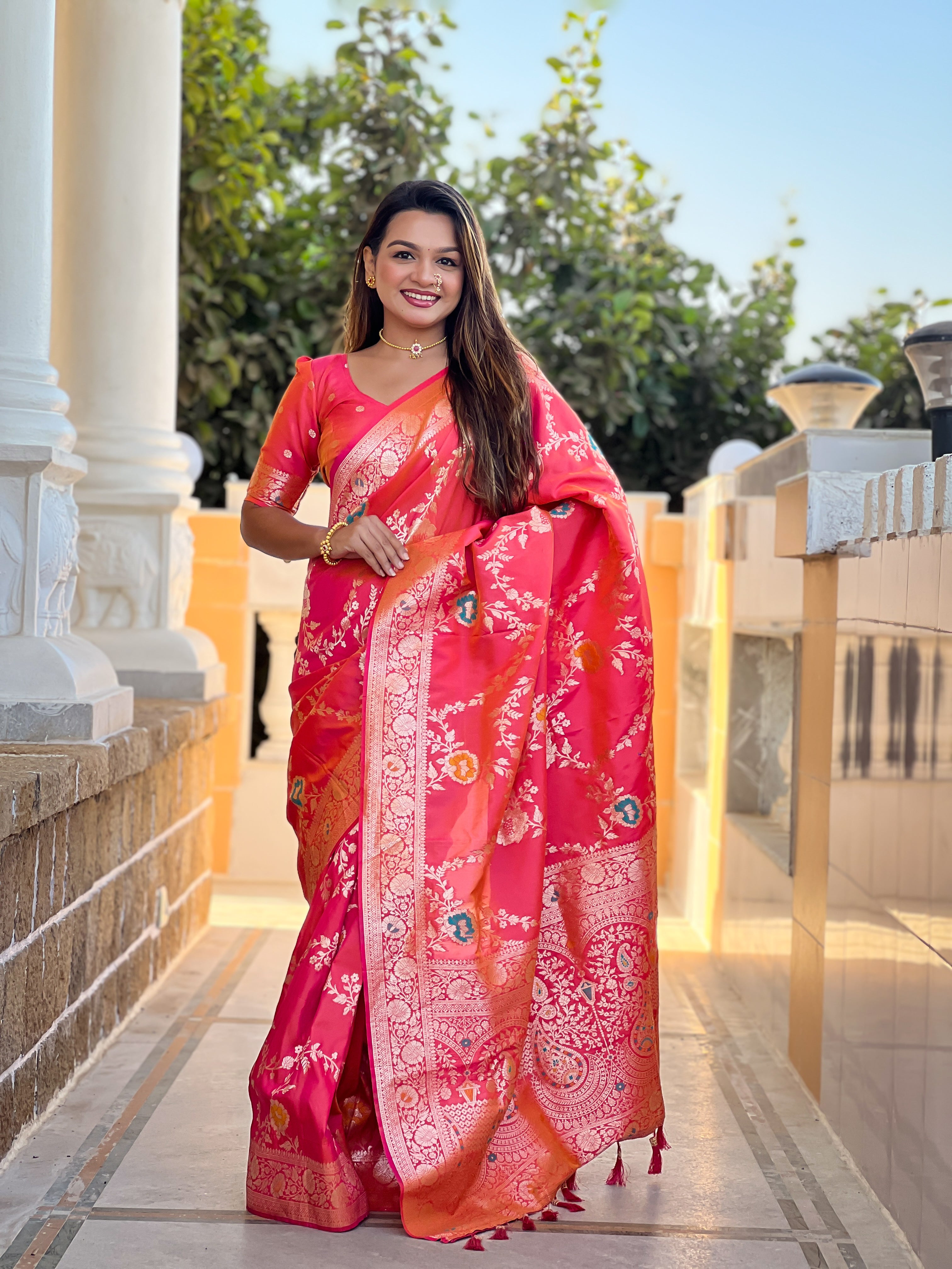 Gajri Pink Soft Banarasi Silk Saree with Zari Weaving Meenakari Touchup Design