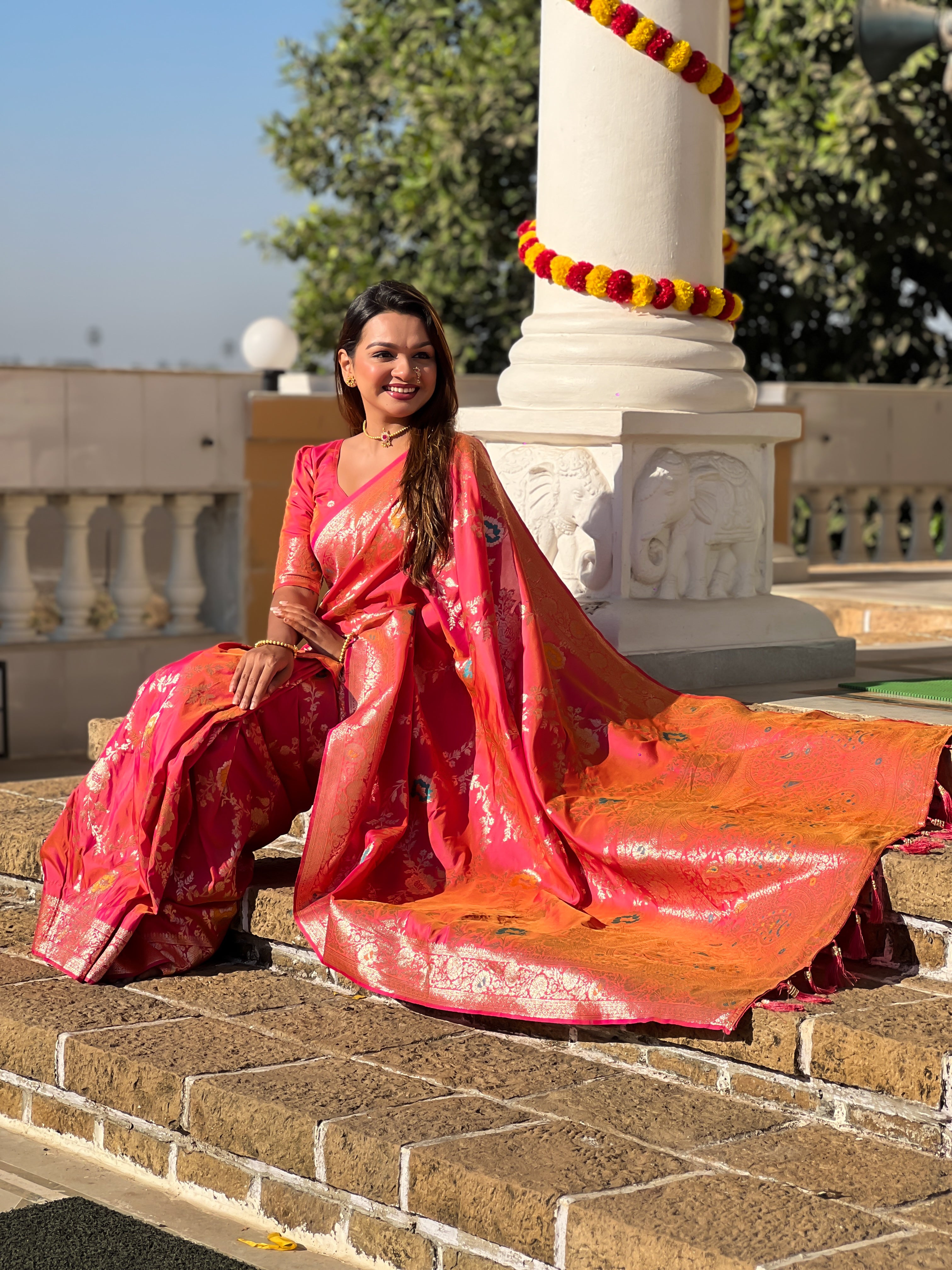 Gajri Pink Soft Banarasi Silk Saree with Zari Weaving Meenakari Touchup Design