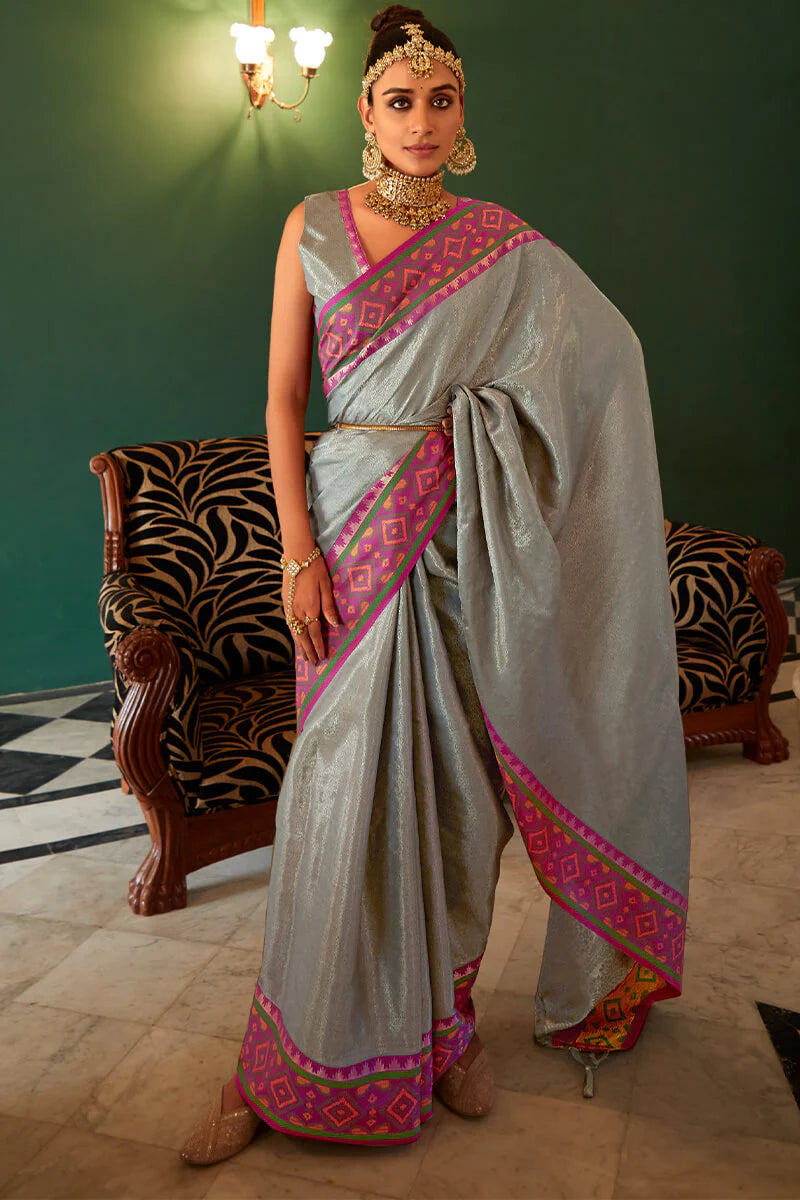 Gray Kanjivaram Patola Silk Saree